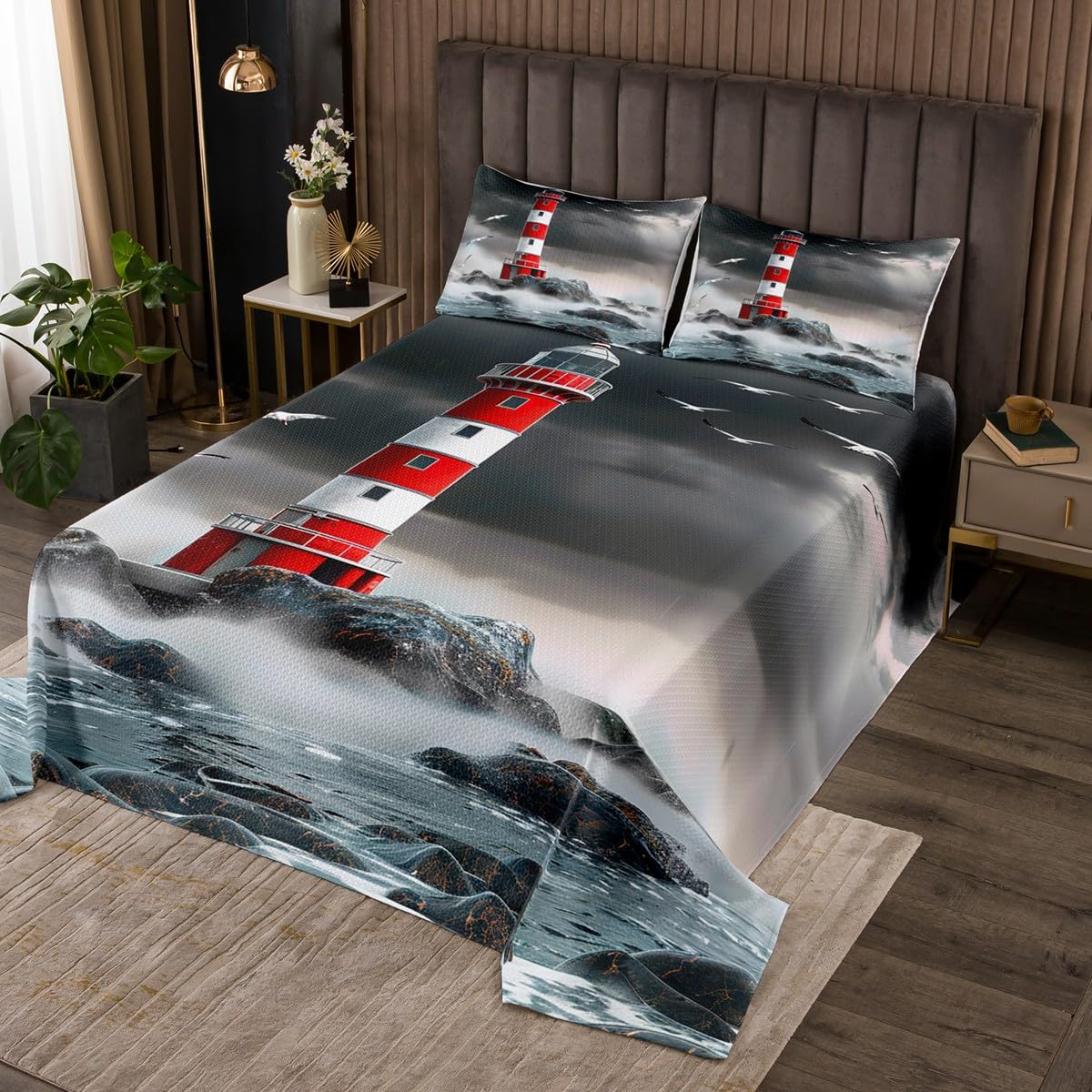 3D Lighthouse Lightweight Quilt Set for Kids Teens,Seagull Print Bedspread Coverlet,Nautical Bed Cover Ocean Theme Bedding Set Decorative Quilted 2 Piece Coverlet Set with 1 Pillow Sham,Twin Size