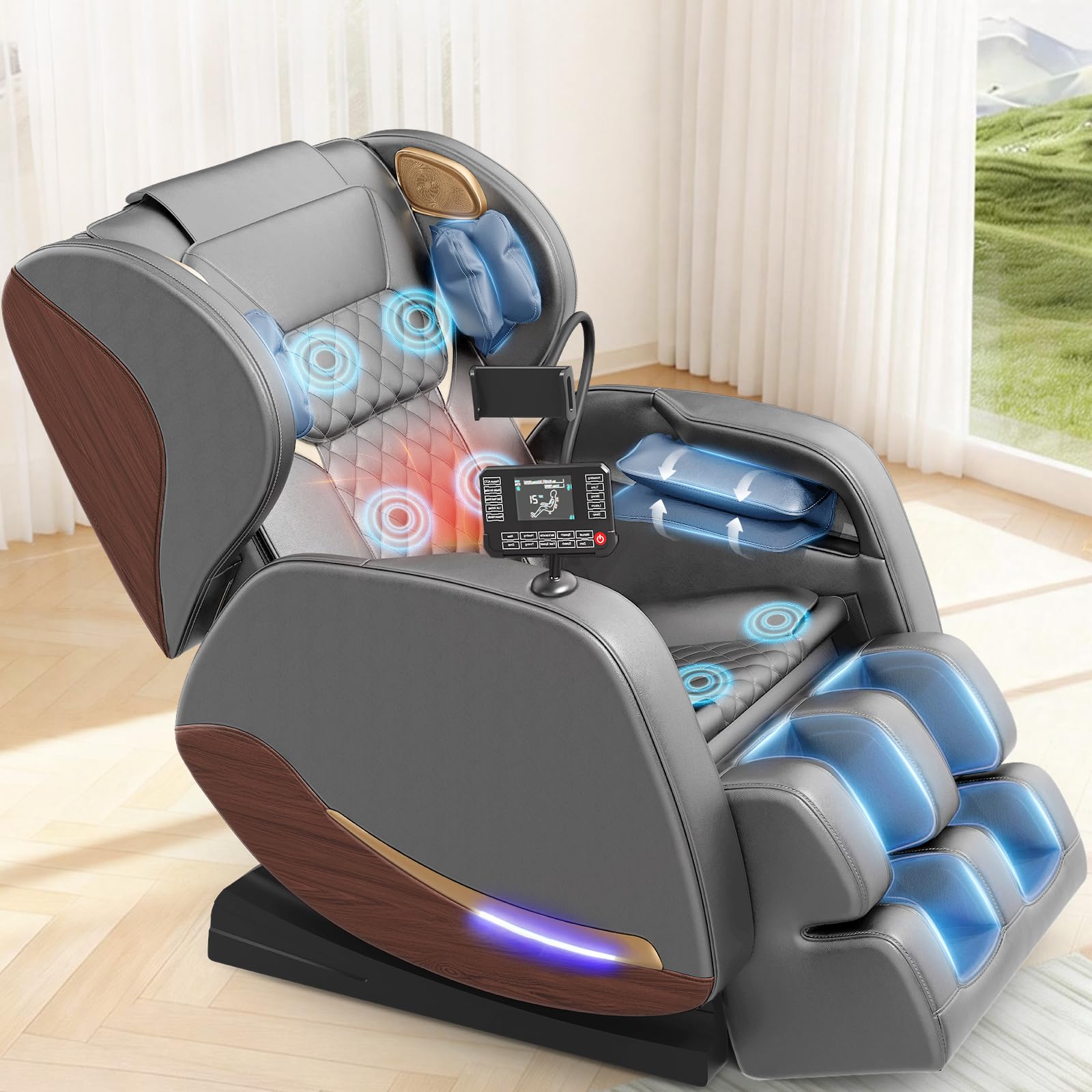yewglen Ganzkörper Massagesessel mit Wärmefunktion,14 Ganzkörper-Massagerollen,8 Airbags,Schwerelosigkeit,Bluetooth-Lautsprecher,12 cm verstellbare Fußstütze,Touchscreen-Controller