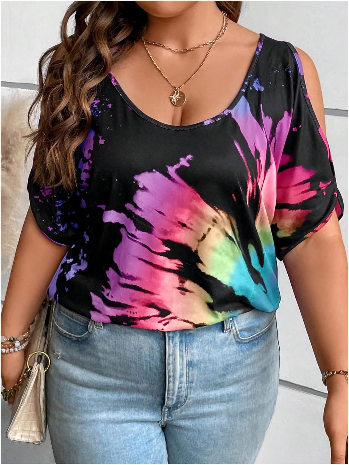 SOLY HUX Women's Plus Size Tops Tie Dye Cold Shoulder Short Sleeve Scoop Neck Tee T Shirts - Image 6