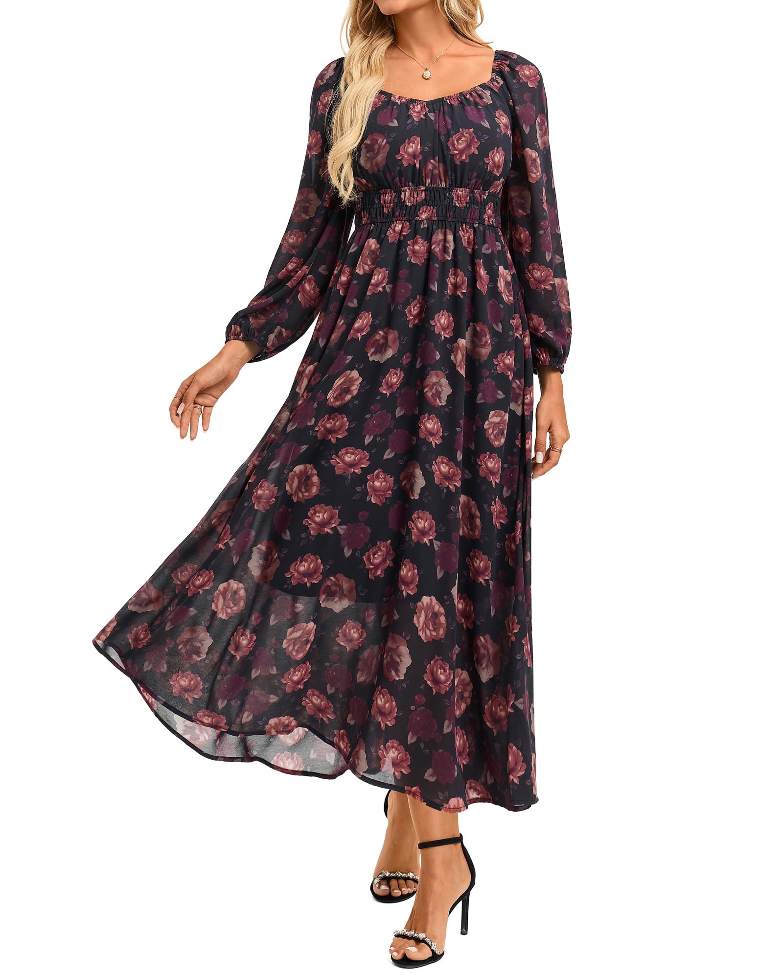 GRACE KARIN Damen A-Linie Kleid V-Ausschnitt Langarm Hochzeitsgast Blumen