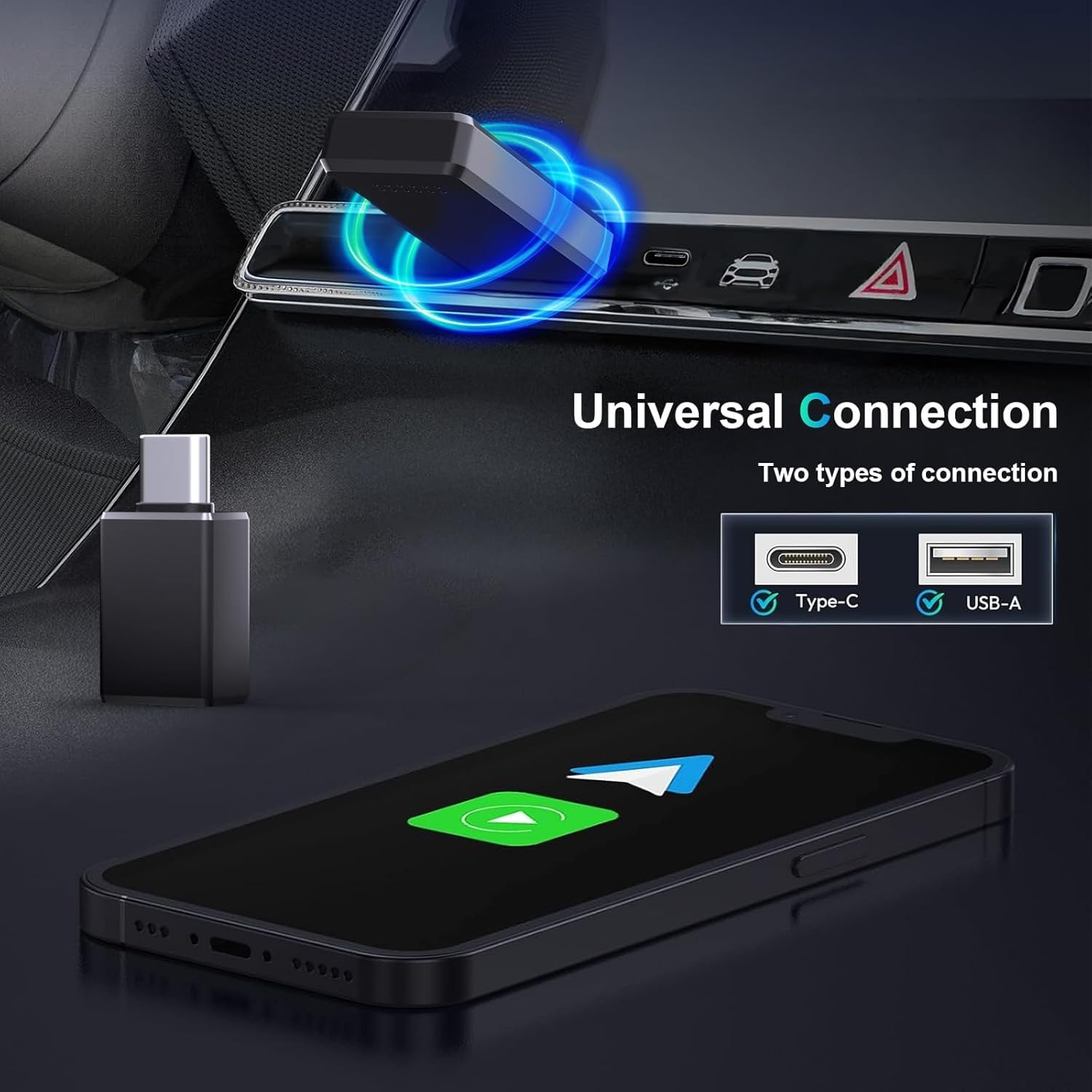 PWAYTEK 2 in 1 Adaptateur CarPlay sans Fil 2025 pour iPhone,Convertisseur USB-C/A 5GHz WiFi, Plug & Play Instantané, Compatible Voitures 2016+ et iOS 10+, Connexion Automatique Ultra-Rapide
