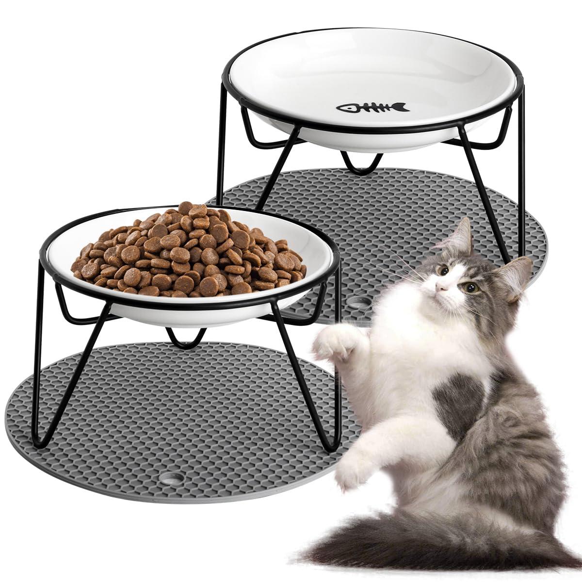 Quyimy 2Pcs Cat Bowl, Ceramic Raised Cat Food Bowl, Elevated Pet Bowl,Anti Vomiting Cat Feeding Bowl, Non Slip Cat Dish with 2 Non-Slip Mats (Fish)