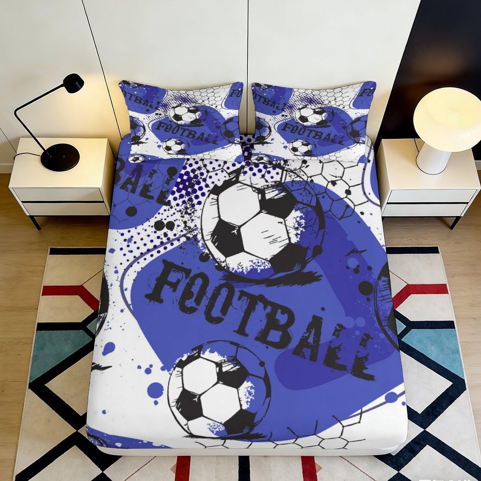 3D Printed Blue Football Fitted Sheet Microfiber Soft Soccer Graffiti Mattress Cover for Bedroom Dorm Mattress Protection 90x200x25cm