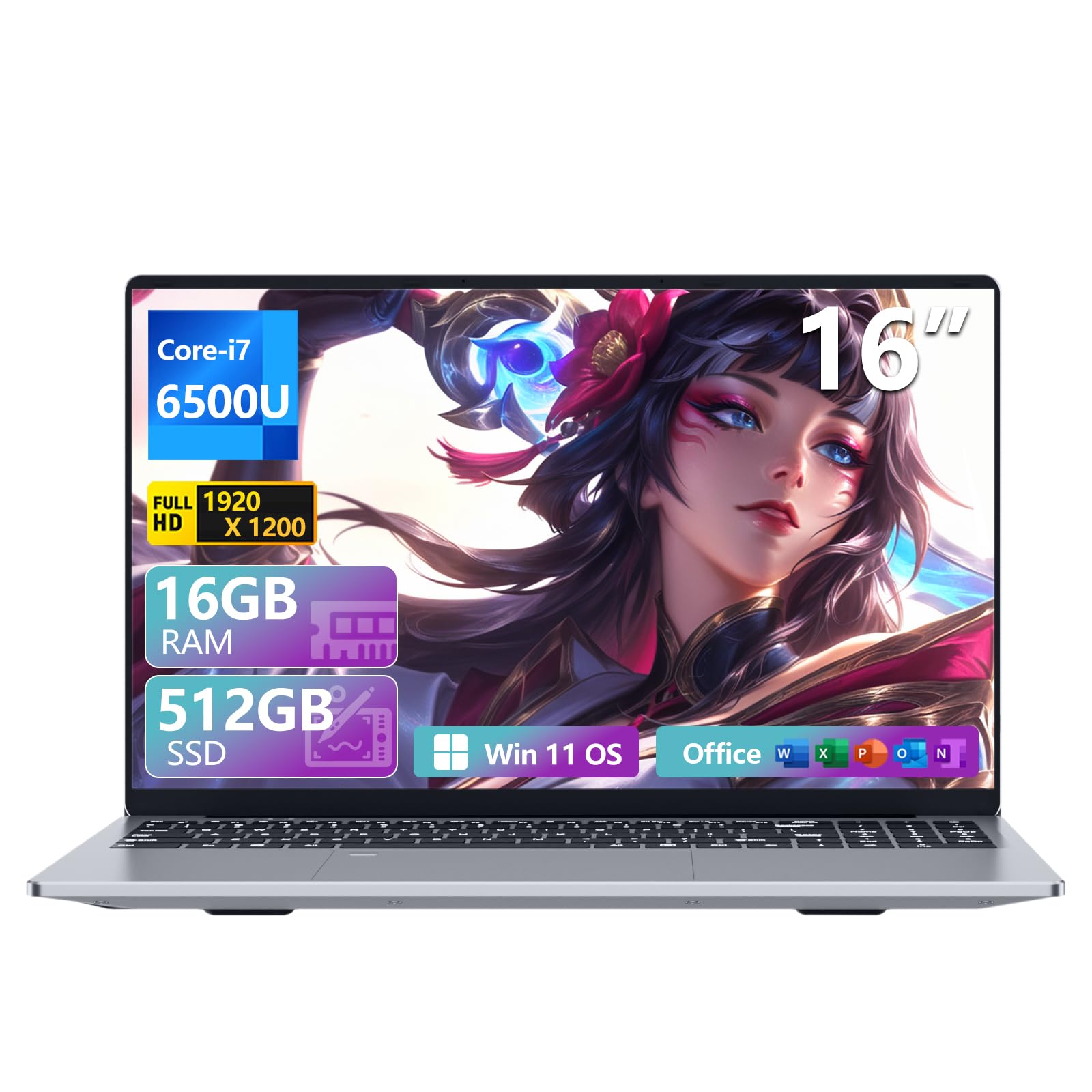 Ordenador Portátil 16 pulgadas, Core i7 6500U PC Portátil, 16 GB RAM 512 GB SSD Win 11 gráficos UHD, pantalla FHD de 1920 x 1200 Laptop, teclado numérico retroiluminado, Touch ID Computadora portátil