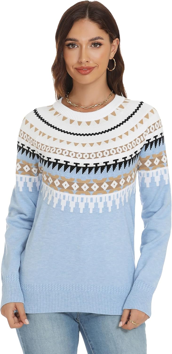 LOMON Womens Casual Lightweight Vintage Fair Isle Sweater Raglan Sleeve Crew Neck Knitted Pullover Comfy Warm Fall Tops - Image 4