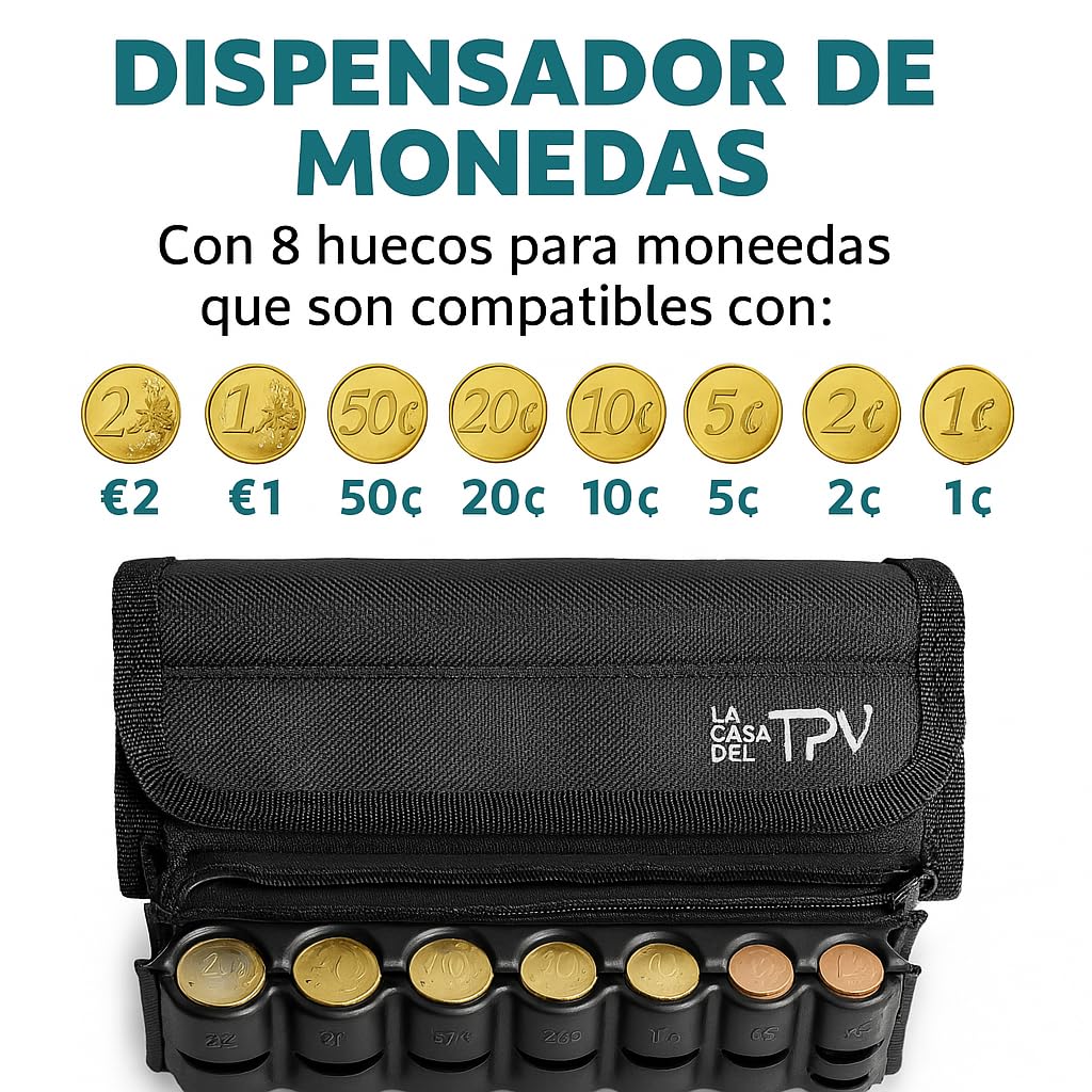 Organizador de Dinero con Portamonedas - Riñonera Camarero - Portamonedas Taxi - Clasificador de Monedas - Dispensador con 8 Huecos - 4 Organizadores de Billetes - Cinturón Ajustable - Monedero Negro