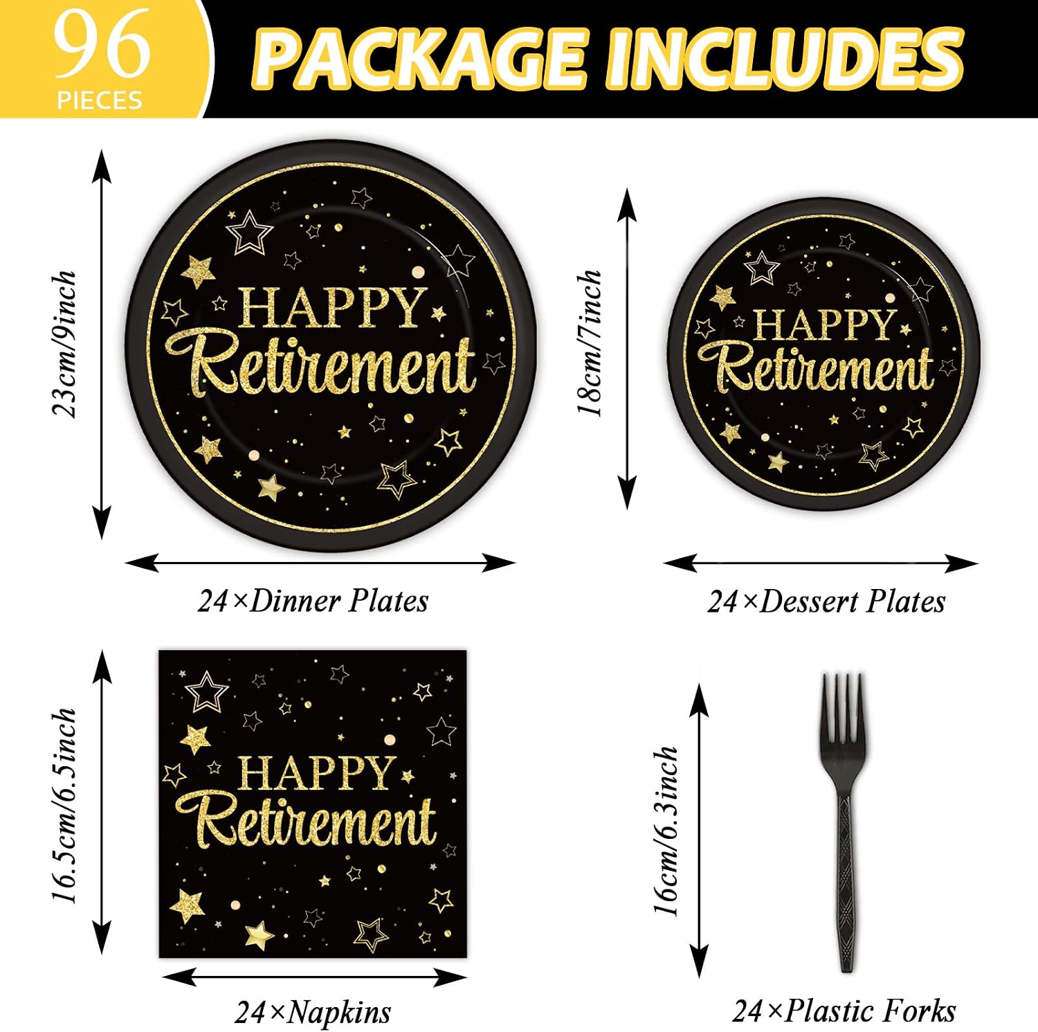 Wiooffen 24 Guests Happy Retirement Party Supplies, Black Gold Retirement Plates Napkins Tablecloth Forks Set for Man and Woman, Disposable Tableware Graduations Party Decorations Favors