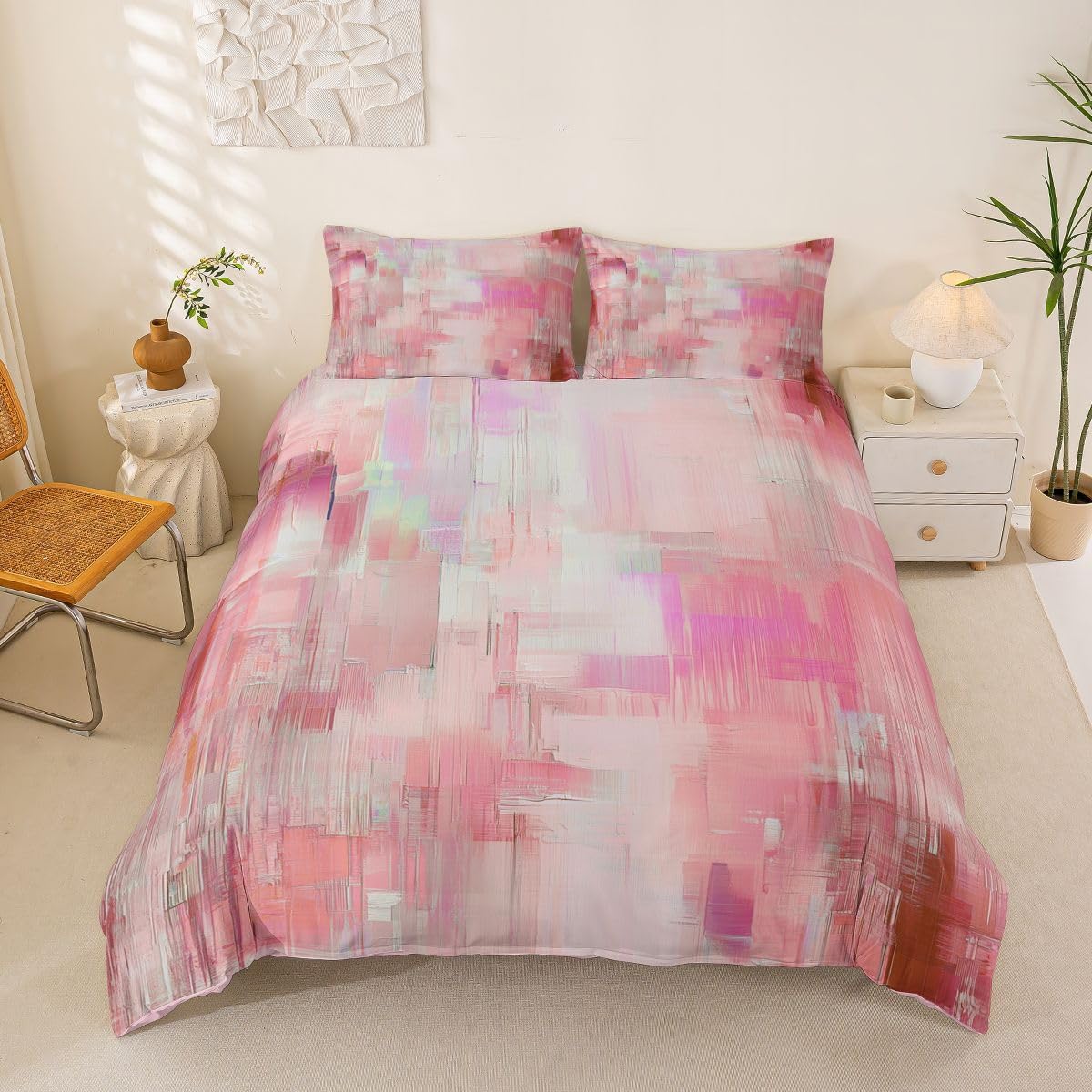 Erosebridal Pink Comforter Cover Queen Dreamy Aesthetic Girly Room Decor Bedding Set Abstract Graffiti Artwork Duvet Cover,Modern Oil Painting Art Bed Set