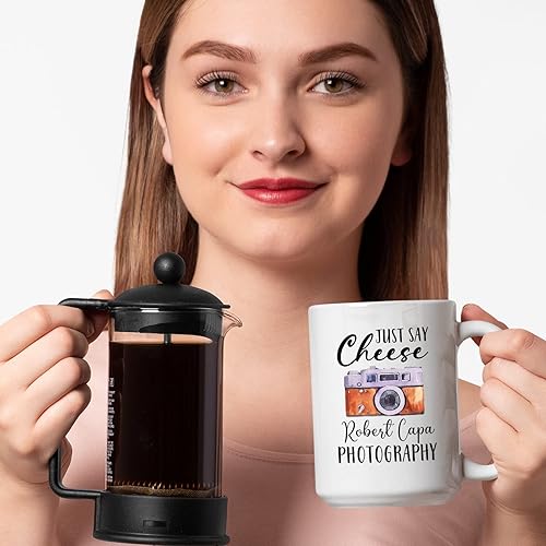 Miniatura 4 de Tazas de fotografía personalizadas con texto en inglés "Just Say Cheese"  Tazas de café para fotografía con nombre personalizado, taza de café para