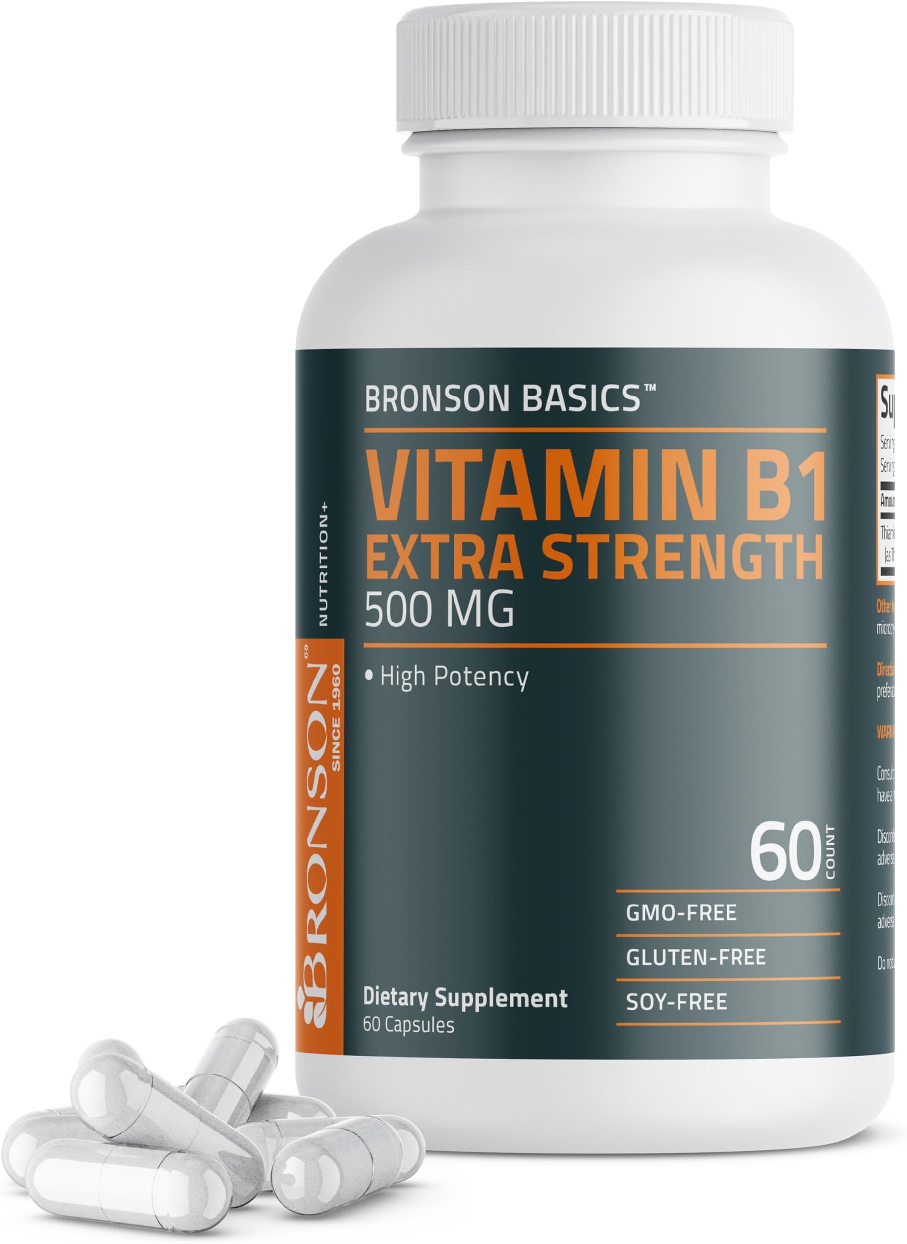 Bronson Vitamin B1 Extra Strength 500 MG High Potency Non-GMO, 60 Capsules