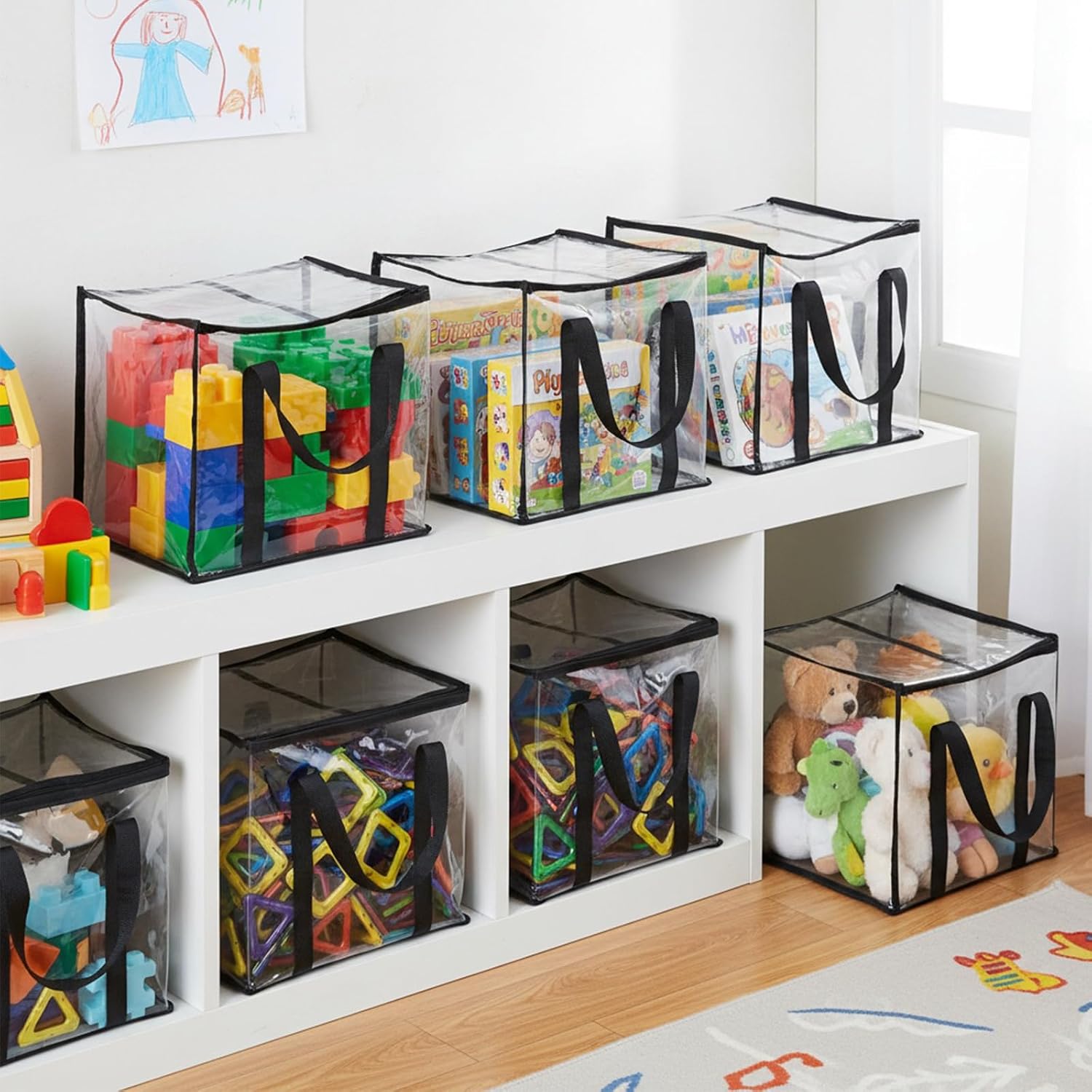 8 Pack Large Clear Toy Storage Bags with Labels, Thick PVC Reusable Waterproof Organizer Bag with Handle & Zippers for Building Bricks, Board Games, Puzzles, Dolls, Books & Stationery