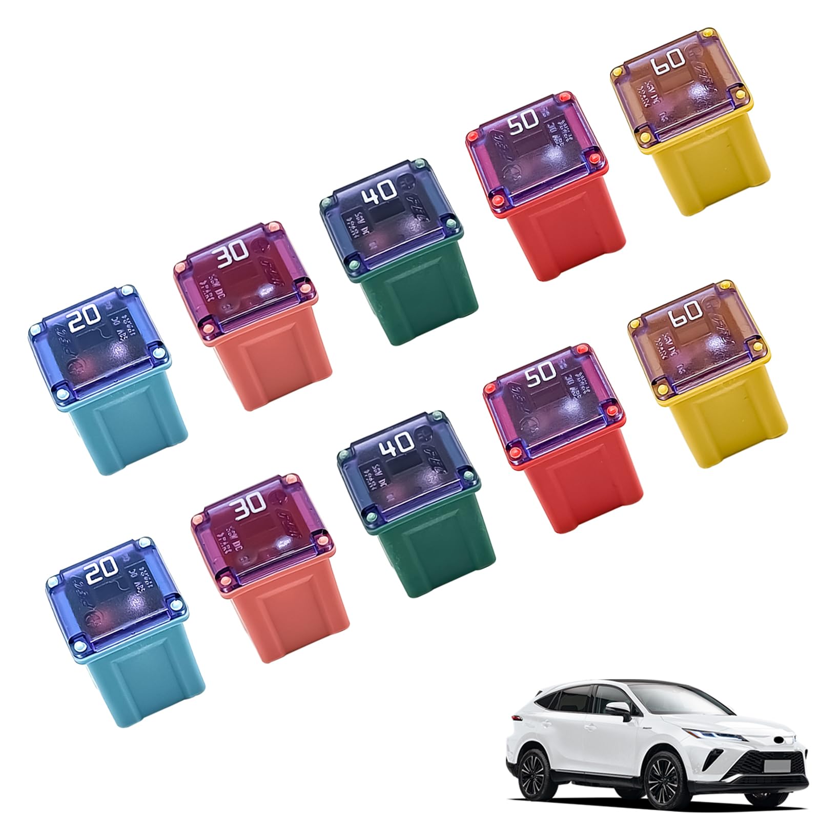 10PCS(20A 30A 40A 50A 60A) Car Fuse Combination, Tall/Standard and Low Profile Box Shaped Automotive Fuses,Compatible with Nissan Pickup, Ford, Chevrolet,and Other Vehicle Type Fuses. (Low)