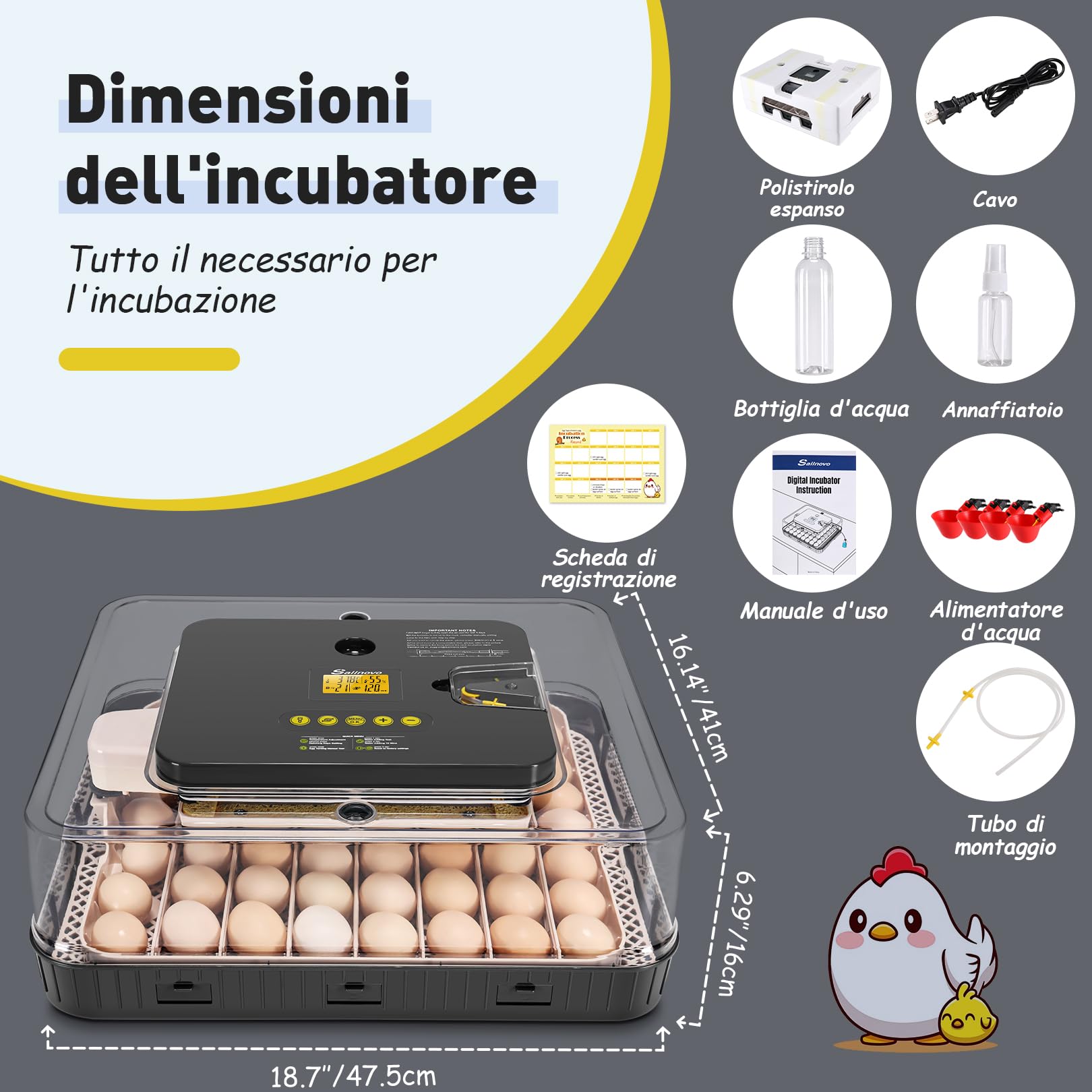 Sailnovo Incubatrici Automatica Per 56 Uova, Incubatrice Con Led Per Uova, Temperatura Uniforme, Tornitura Automatica Delle Uova E Umidificazione Automatica Grigio 47.5cm*41cm*16cm