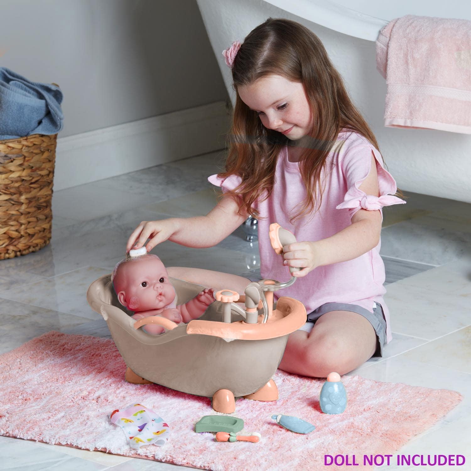 JC Toys - Für eine lange Spielzeit. Baby-Puppen-Badeset, passend für Puppen bis zu 40,6 cm, Dusche und Wasserhahn funktionieren wirklich, Spielzubehör, ab 2 Jahren, Erdtöne