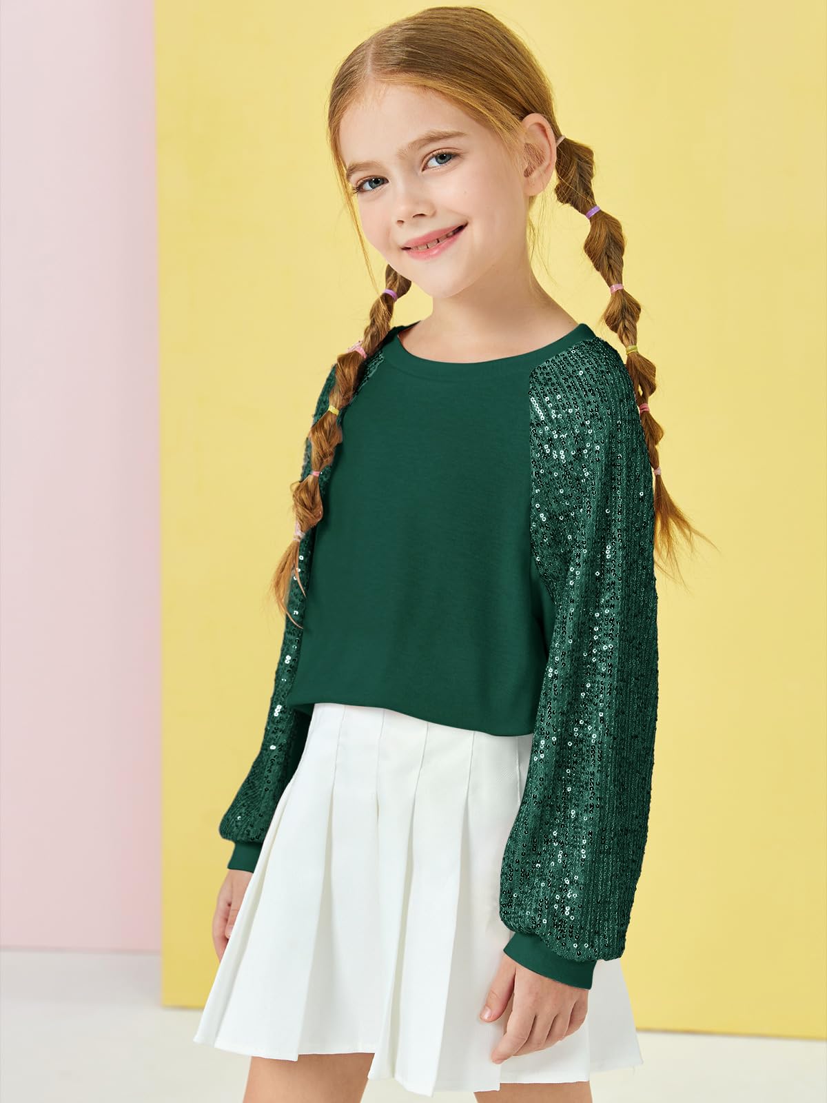 Haloumoning Sudaderas con lentejuelas y cuello redondo para niñas de 5 a 14