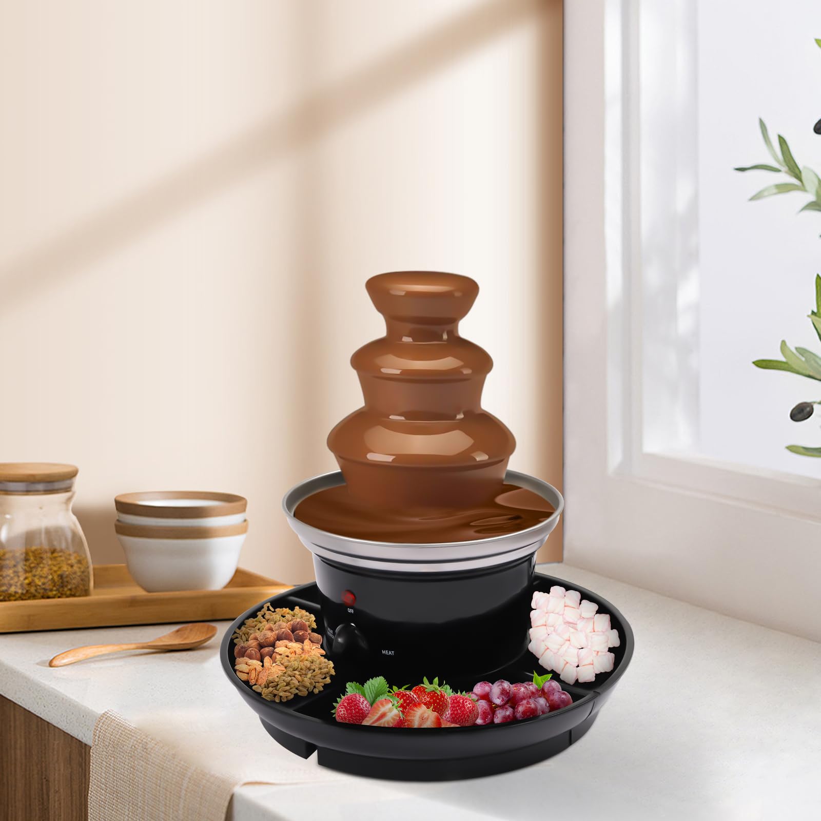 Fuente de chocolate de 3 niveles, acero inoxidable, mini fuente de chocolate para postres y fiestas, con 6 brochetas y bandeja de comida, incluye columna en espiral para flujo continuo de chocolate