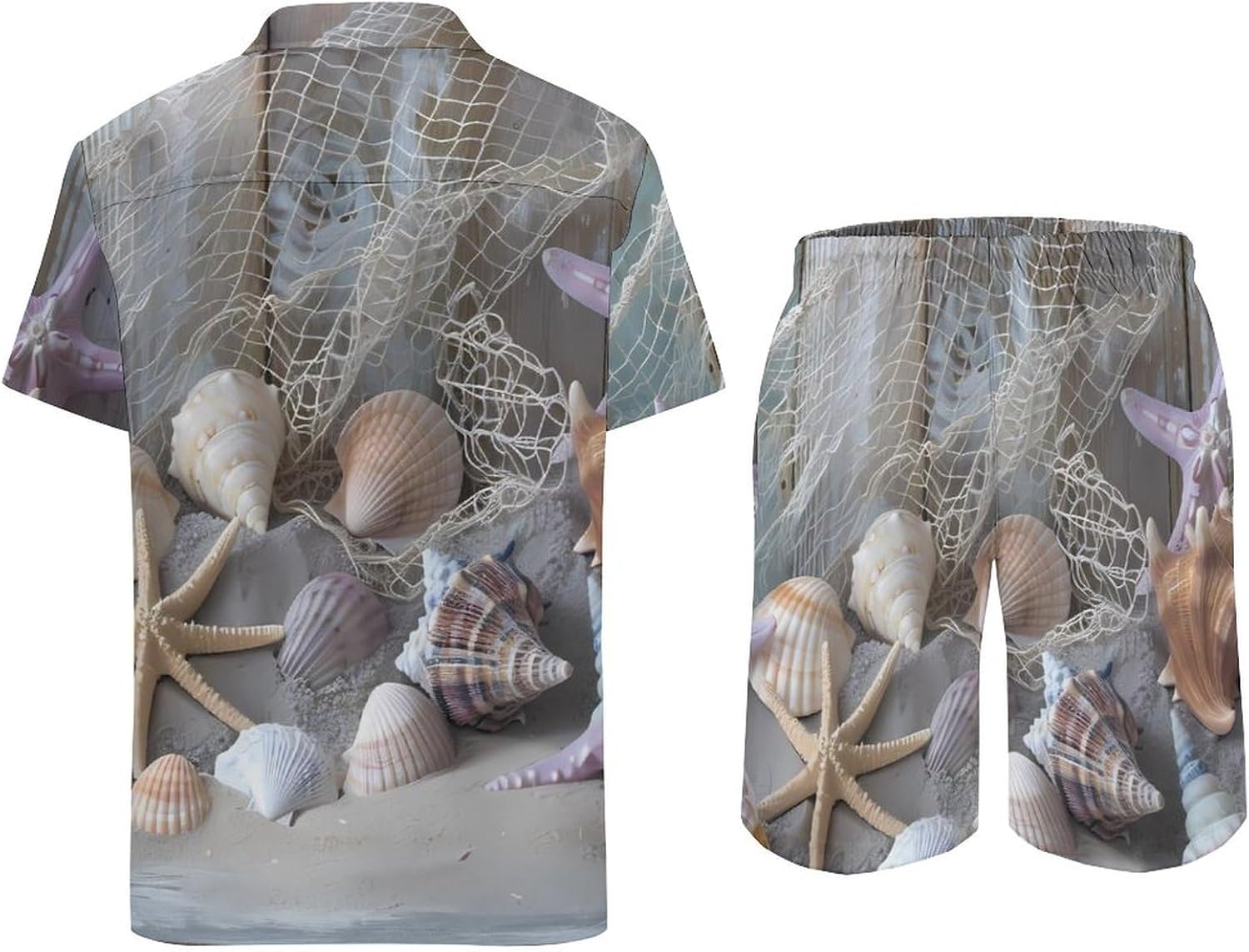 Starfish Shell on Teal Board Men's Summer Beach Outfits Shirt And Shorts Set 2 Piece Vacation Swimwear
