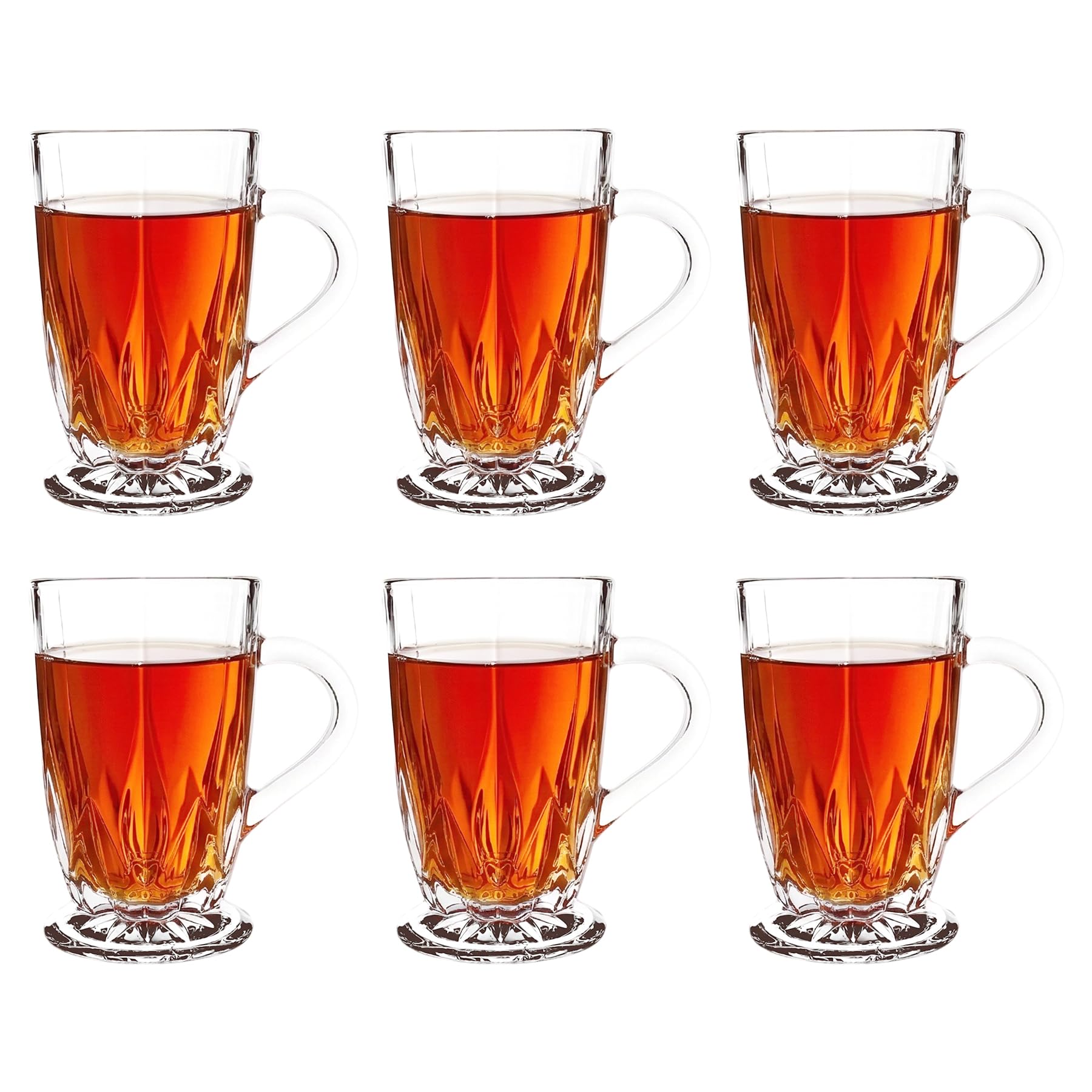 binsakao Tea Cups Set of 6 - Classic Clear Tea Cups 285ml - Footed Glass Tea Cup with Handles, Etched Design 9.6 oz
