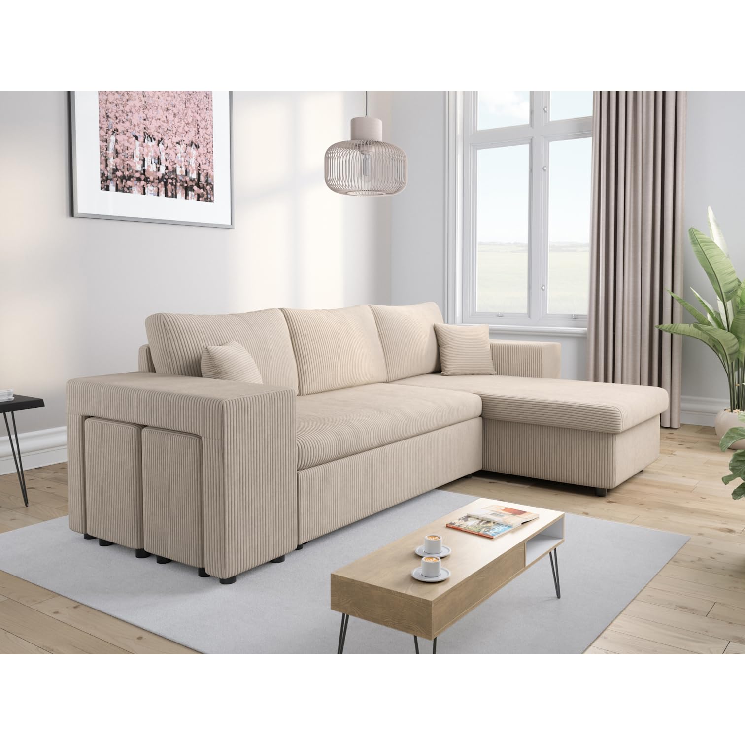 LOUNGITUDE Canapé d'angle Mady Convertible avec Coffre, 2 poufs et étagère en Velours côtelé