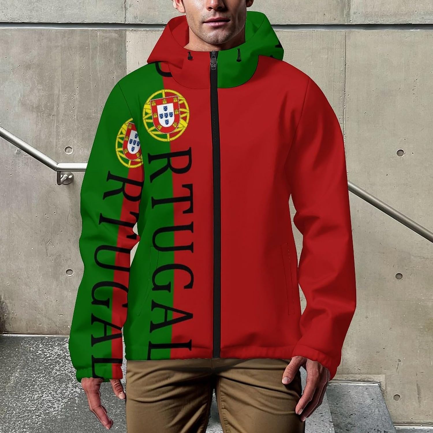 Portugal Soccer Football Men's Jacket Hooded Windbreaker Lightweight Coat for Golf Cycling