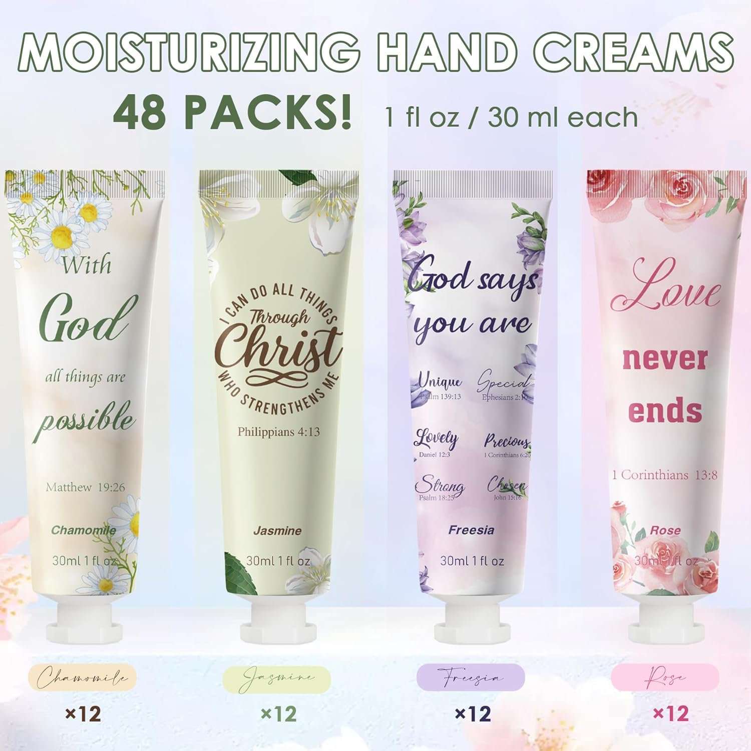 48 Pcs Christian Hand Cream Bulk Inspirational Religious Gifts Bible Verse Moisturizing Hand Lotion for Women Guests Thank You Wedding Small Return Gifts Floral Scent, Chamomile Rose Freesia Jasmine