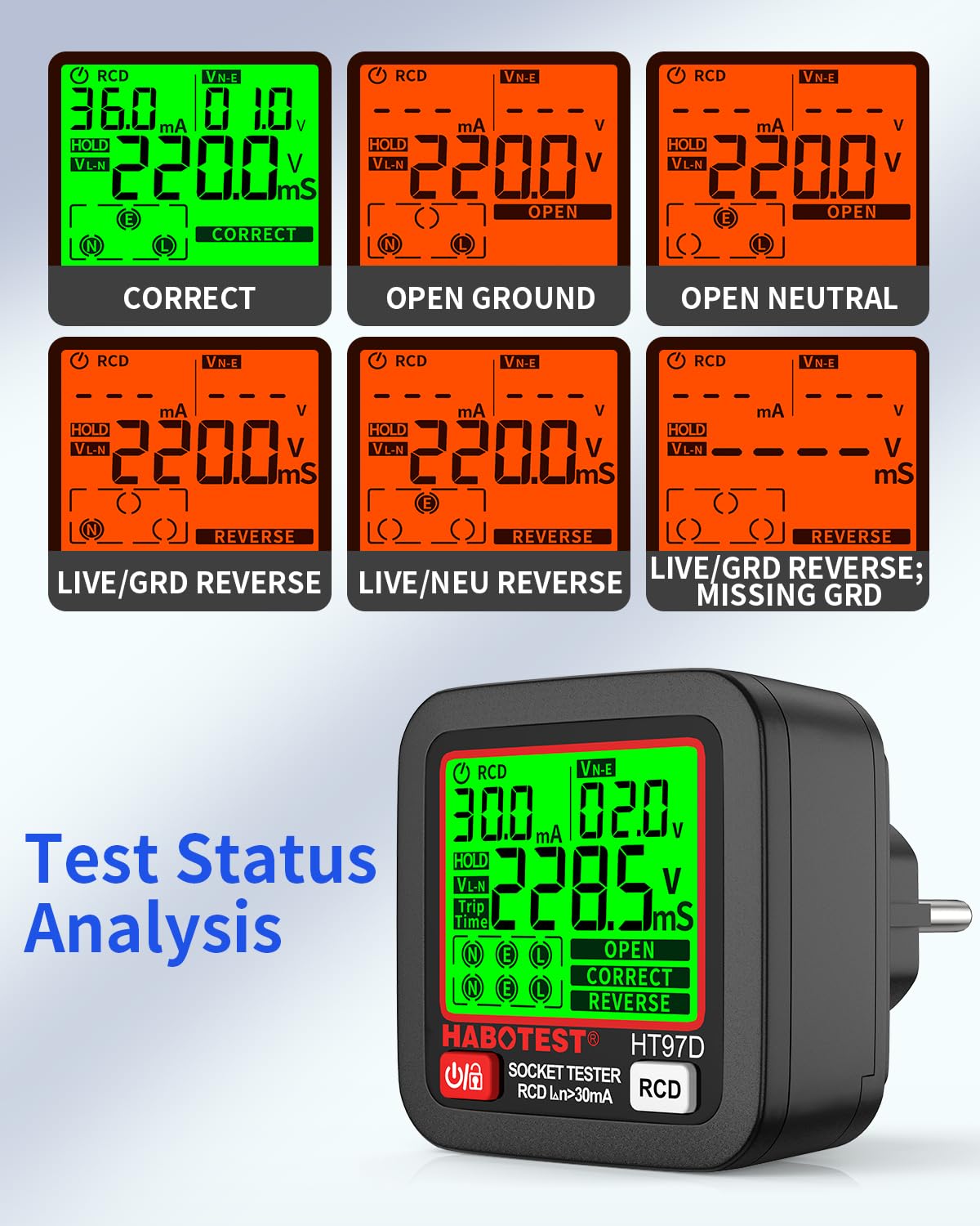 YOJOCK Tester de Prese, Tester per Circuiti Elettrici con Test RCD e Display LCD, 6 Tipi di Diagnosi di Errore, Indicatore di Tensione e Frequenza,30-260V/45-65Hz (EU Plug)