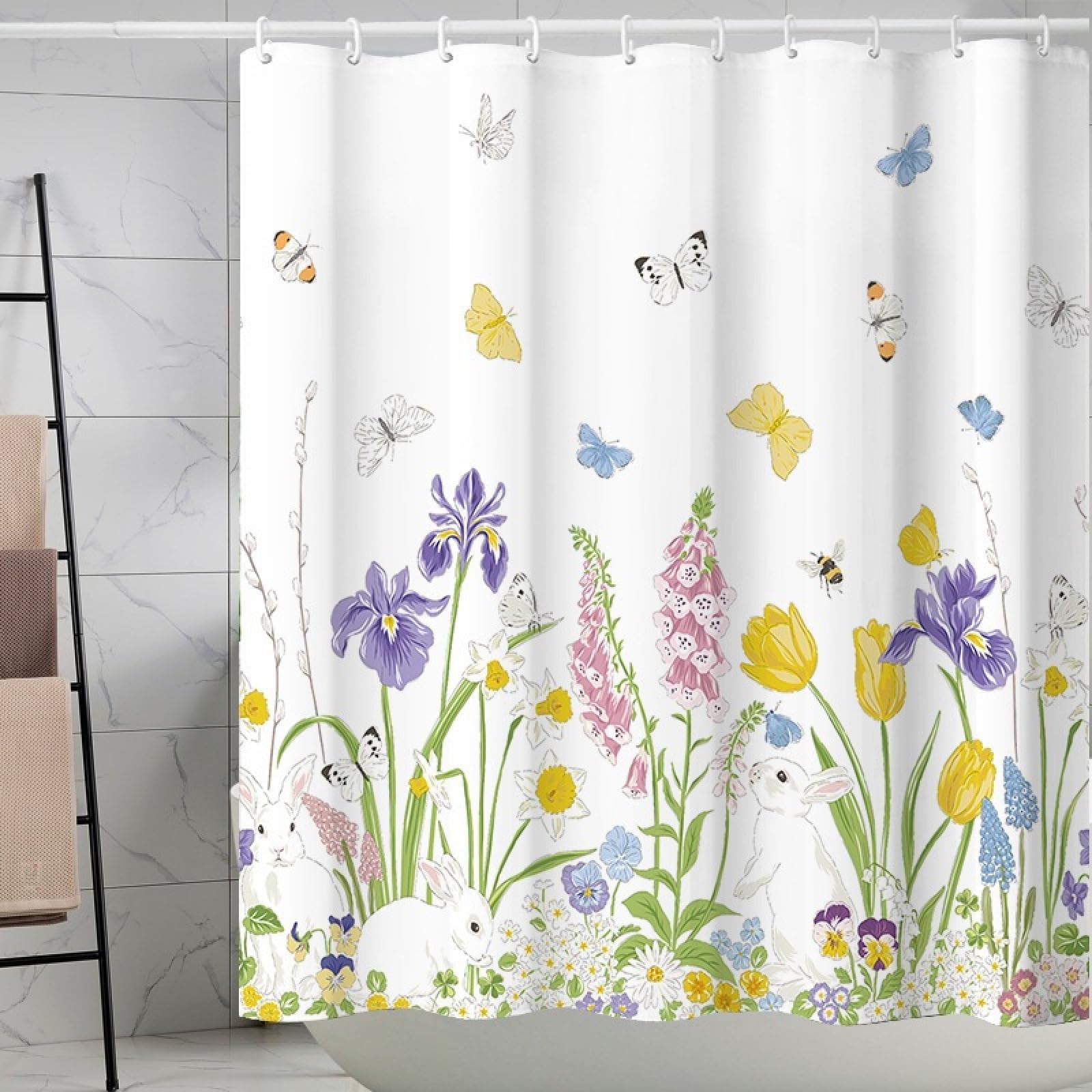 Shower Curtains Yellow Butterfly Purple Wet Room Shower Curtain Mould Proof Resistant Waterproof Polyster Fabric Washable with 12 Hooks Garden Bathroom Curtains (180x200cm)