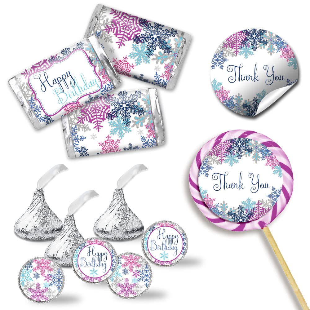 Amanda Creation WinterSchneeflockenGeburtstagspartyAufkleberSet – 429 Teile. Enthält 60 5,1 cm runde Aufkleber für Gastgeschenke und GoodieTaschen, 45 MiniCandyBarFörmchen und 324 runde