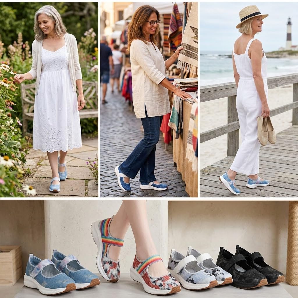 Scarpe da ginnastica Mary Jane da donna in denim con cinturino, eleganti ballerine Mary Jane con punta larga, casual, per tennis, viaggi, vacanze, attività all'aperto