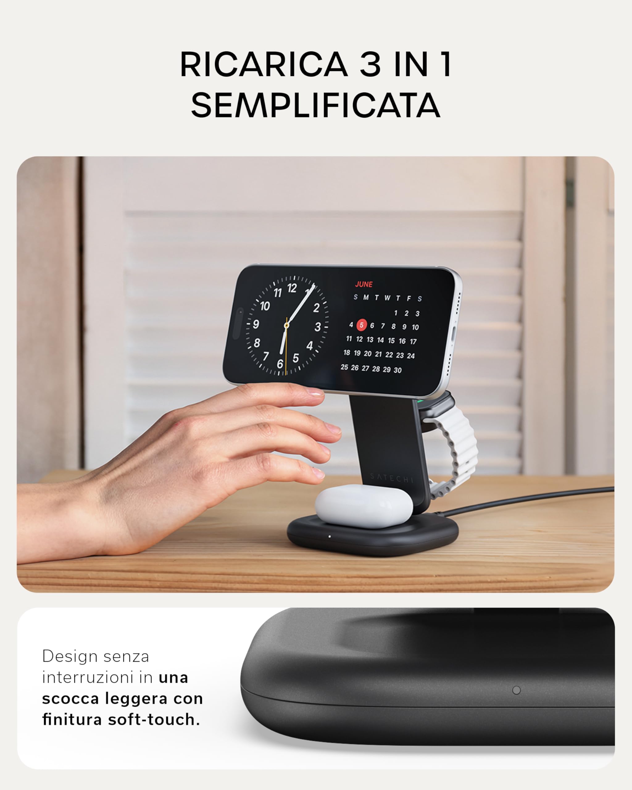 SATECHI Caricatore Magnetico Qi2 3 in 1 Pieghevole, 25W, Nero Siderale | 45W adattatore USB-C incluso, per iPhone 17, Apple Watch Series 11, AirPods