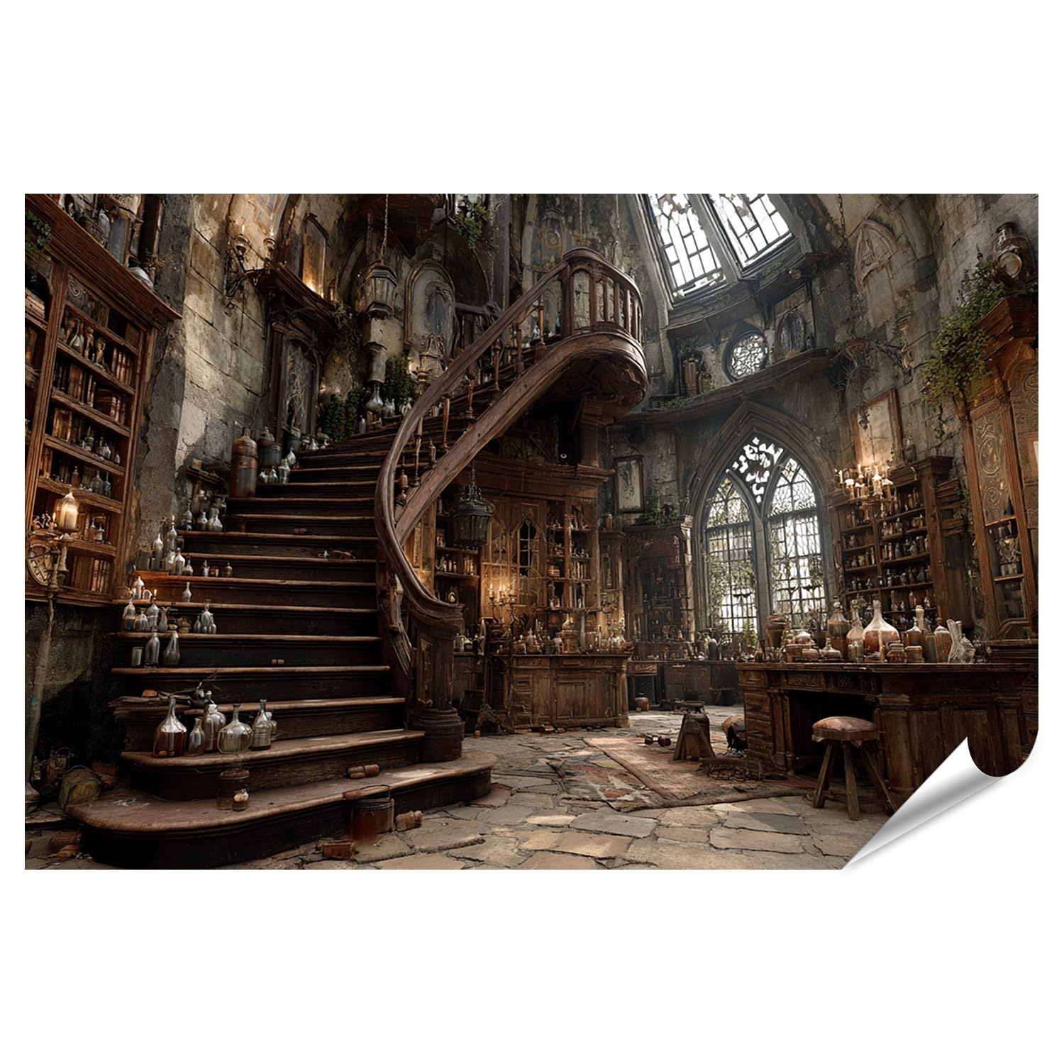 islandburner Poster de qualité supérieure - Bibliothèque enchantée avec escalier et éléments d'alchimie - Grand format