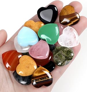 QINJIEJIE 10PCS Polished Heart Healing Crystals - Rose Quartz, Amethyst, Tiger's Eye & More for Chakra Balancing, Reiki Meditation, Gifts 0.8"