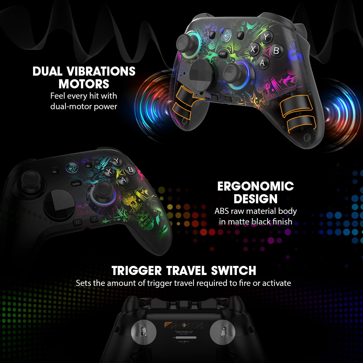 Cosmic Byte Lumora controller showing dual vibration motors, ergonomic design, and trigger travel switch