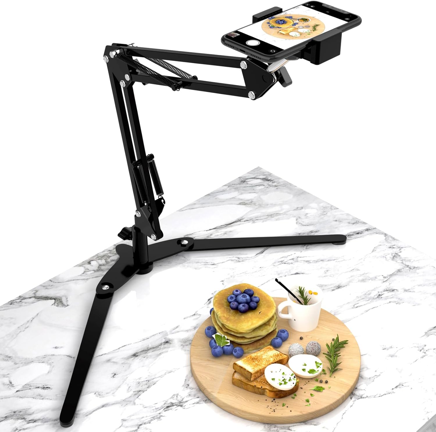 Overhead Phone Mount with Holder, Phone Stand for Recording, Adjustable Tabletop Stand for Live Streaming Online Video and Food Crafting Demo Drawing Sketching
