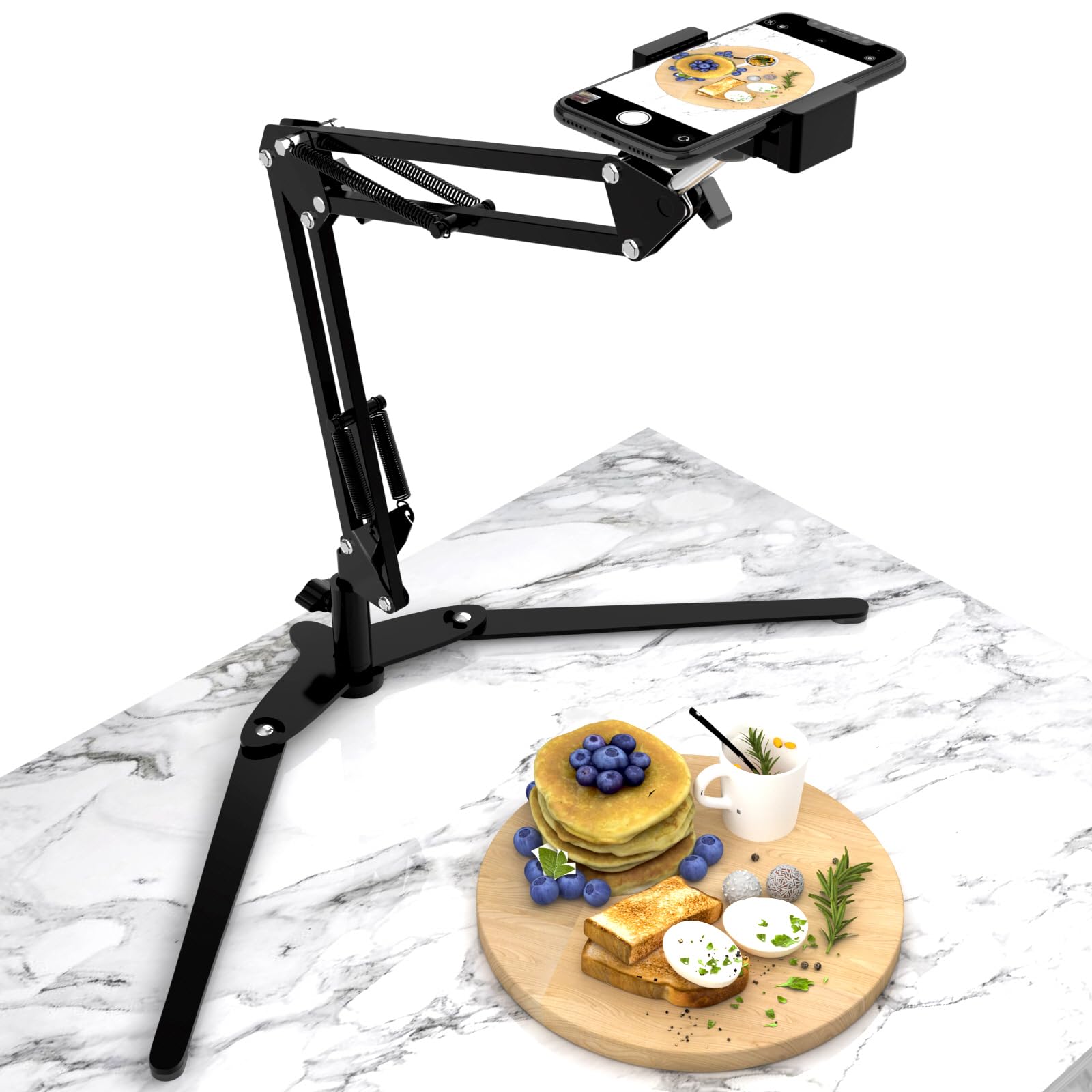 Overhead Phone Mount with Holder, Phone Stand for Recording, Adjustable Tabletop Stand for Live Streaming Online Video and Food Crafting Demo Drawing Sketching