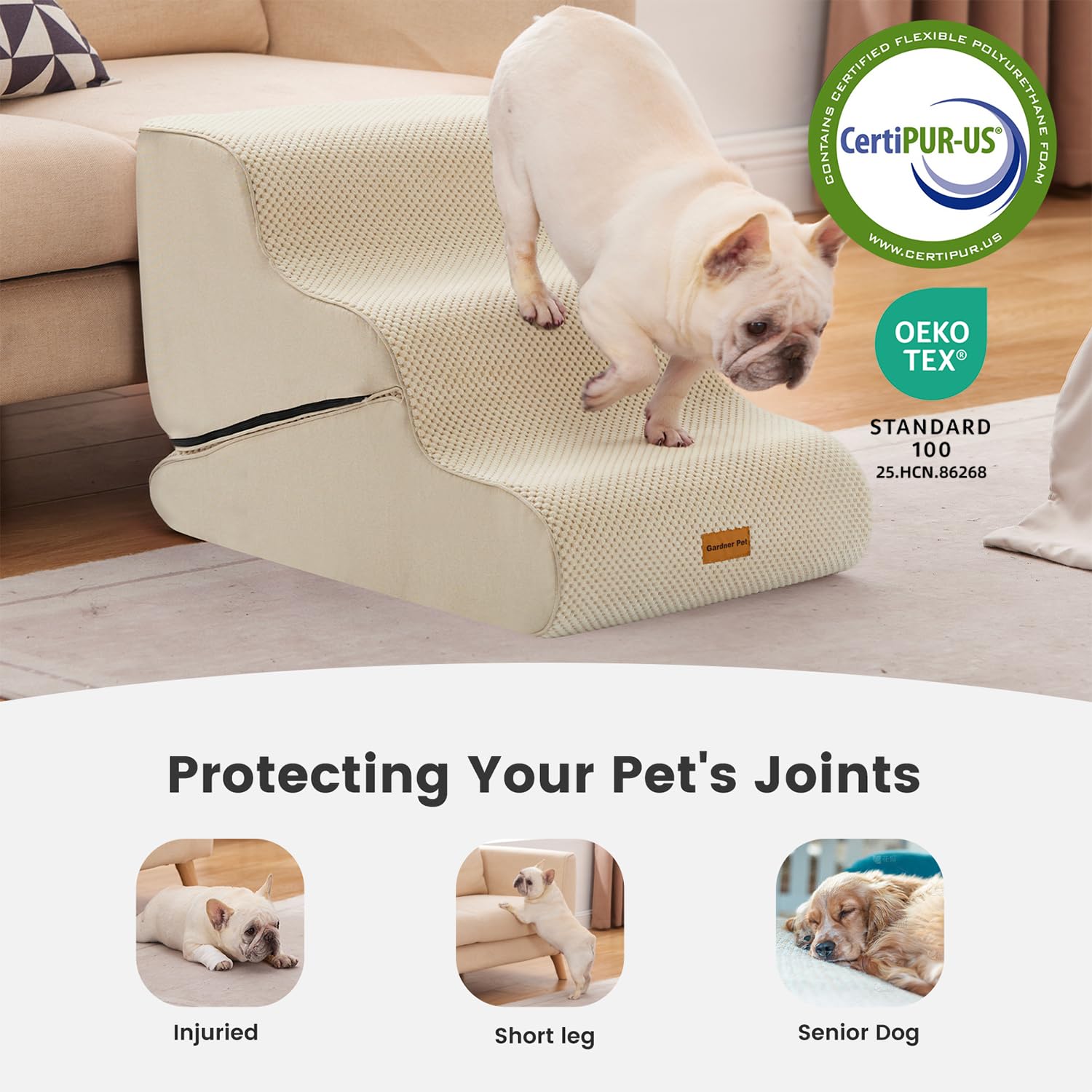 Gardner Pet Scala per Cani Piccoli 35/42cm, 3 Gradini, Rampina in Schiuma con Rivestimento Antiscivolo e Impermeabile per Letto, Divano e Auto, Beige