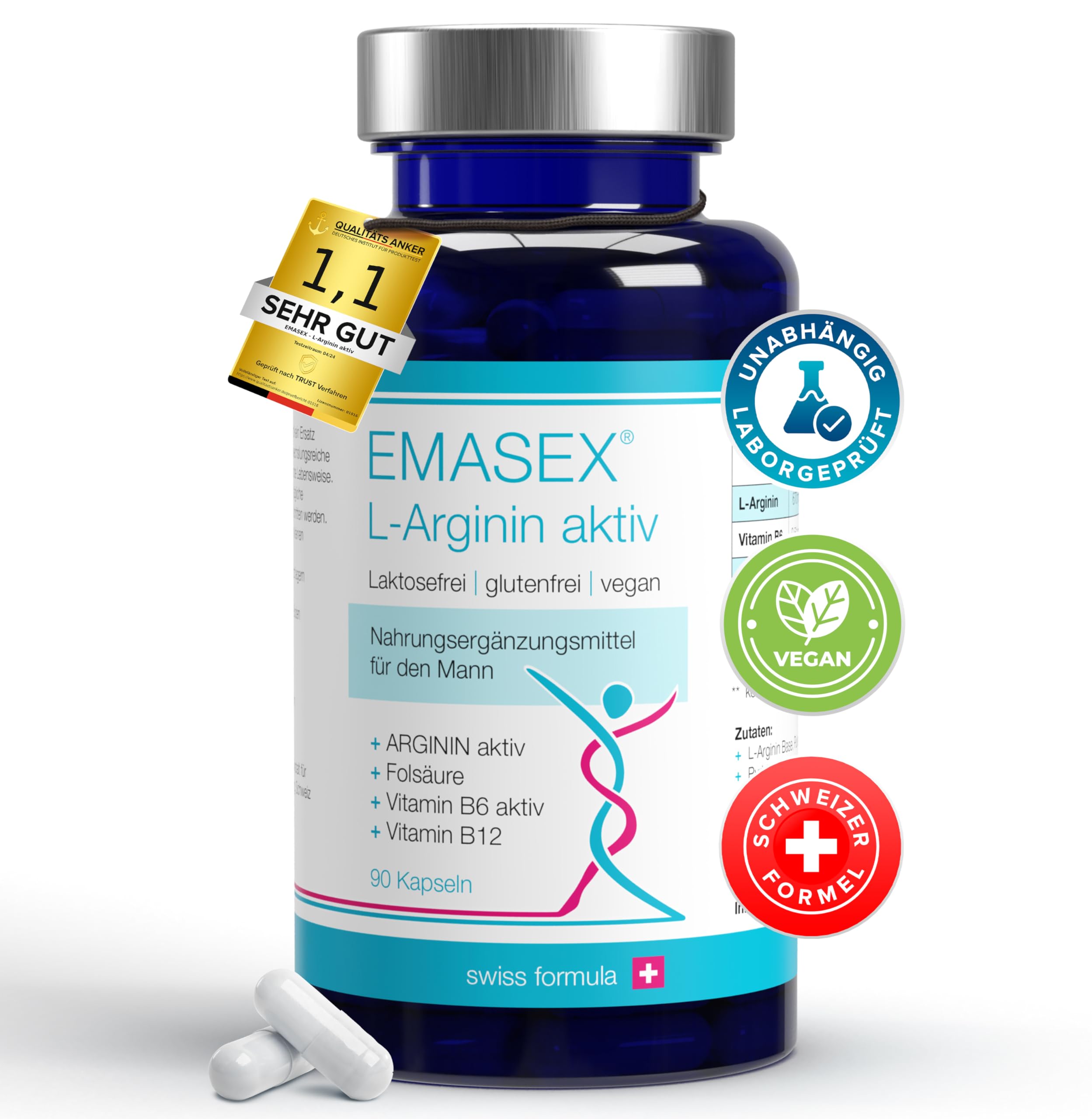 EMASEX L-Arginin bioaktiv 2680mg - Hochdosiert mit B6, B12 & Folsäure - Swiss Formula für Männer - Vegan, Durchblutung & Vitalität - 90 Kapseln