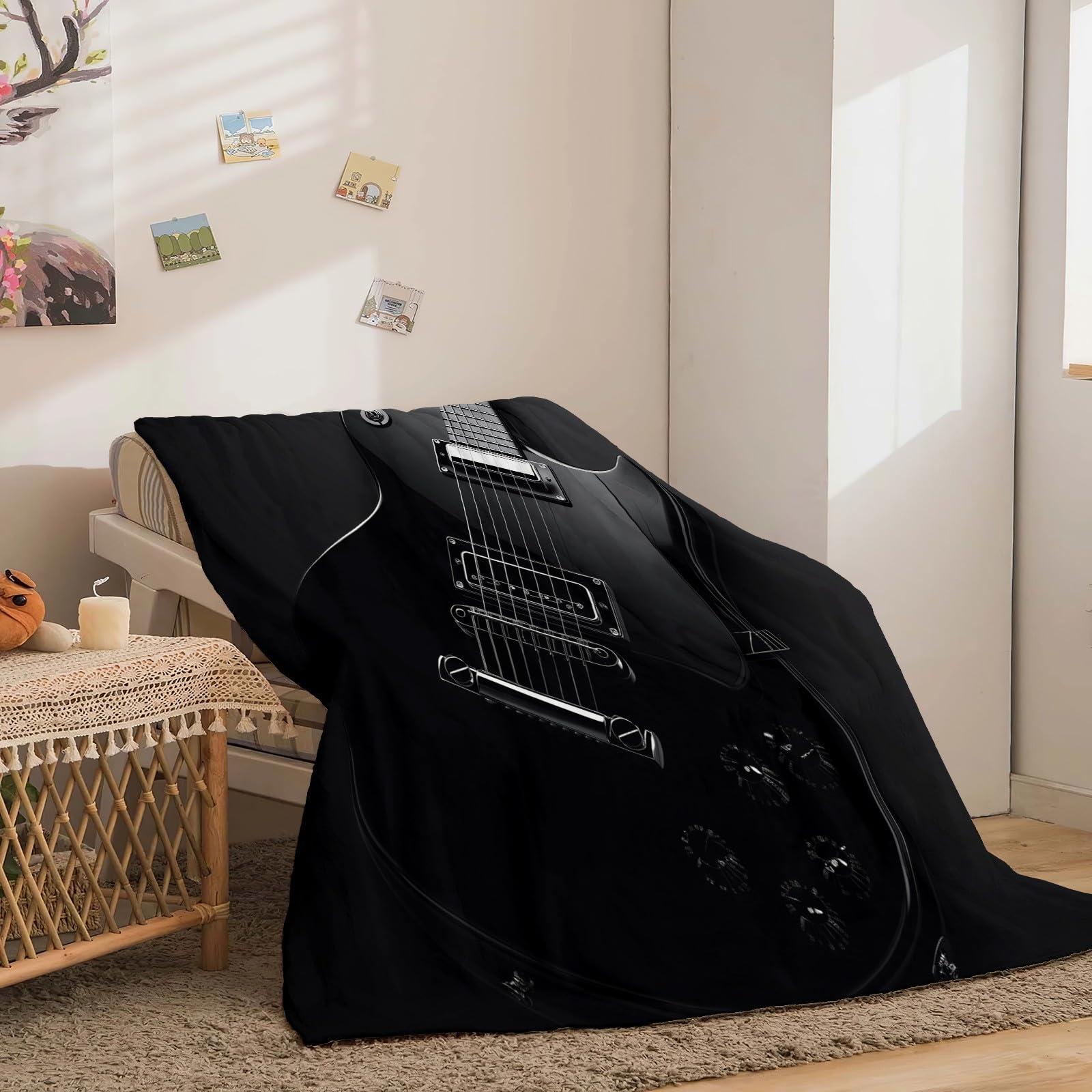 Przytulny koc polarowy, na gitarę elektryczną, czarny, czarny, puszysty, ciepły, miękki, do salonu, koc na kanapę, koc do mieszkania, dla dorosłych, dzieci, niemowląt, 180 x 200 cm