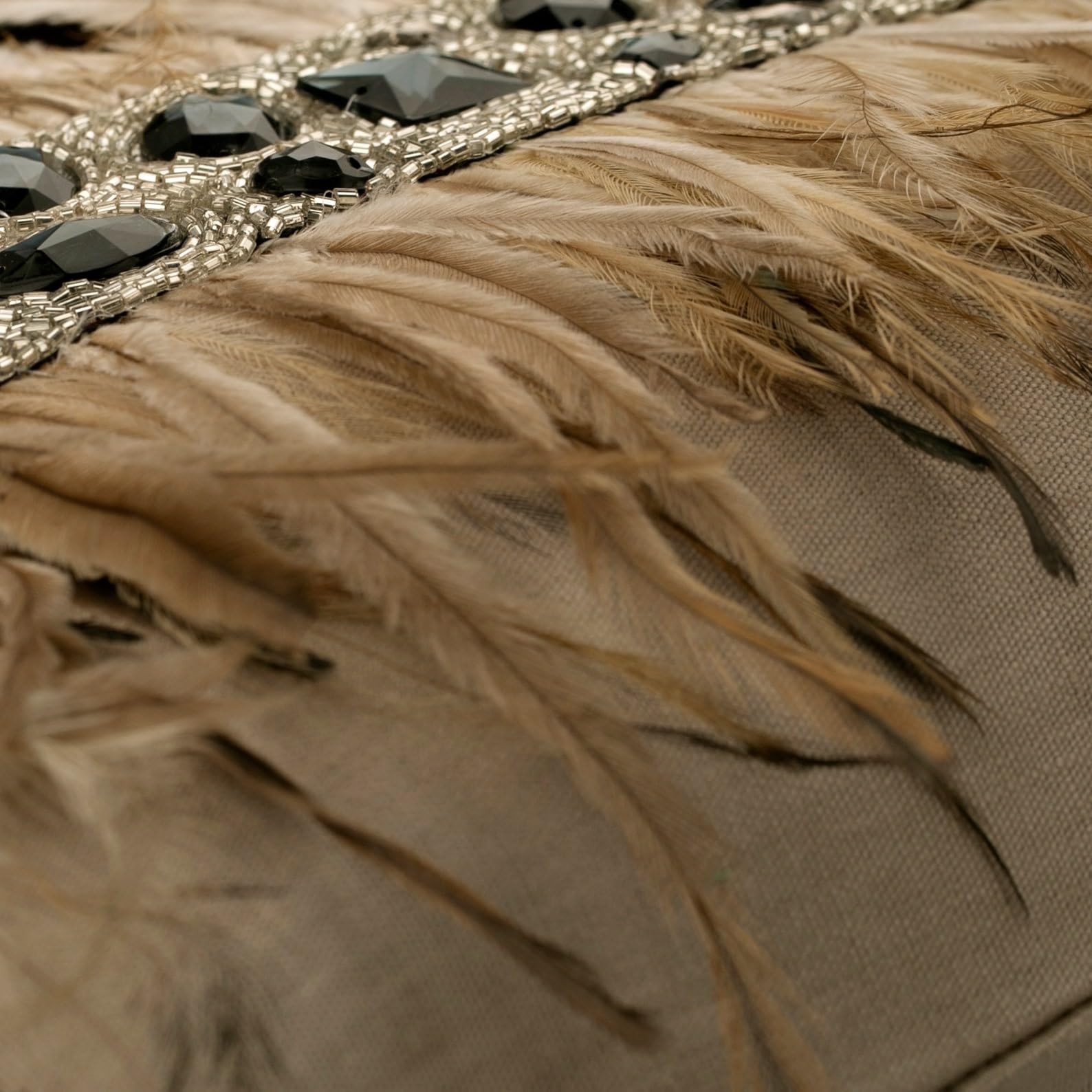 Hecho a mano Beige Amortiguar, Paquete de 2, 30x55 cm Lino Fundas de almohada lumbar, Funda de Cojín con Plumas, cristales y cuentas, Animal Fundas de almohada lumbar - Rhinestone Feathers