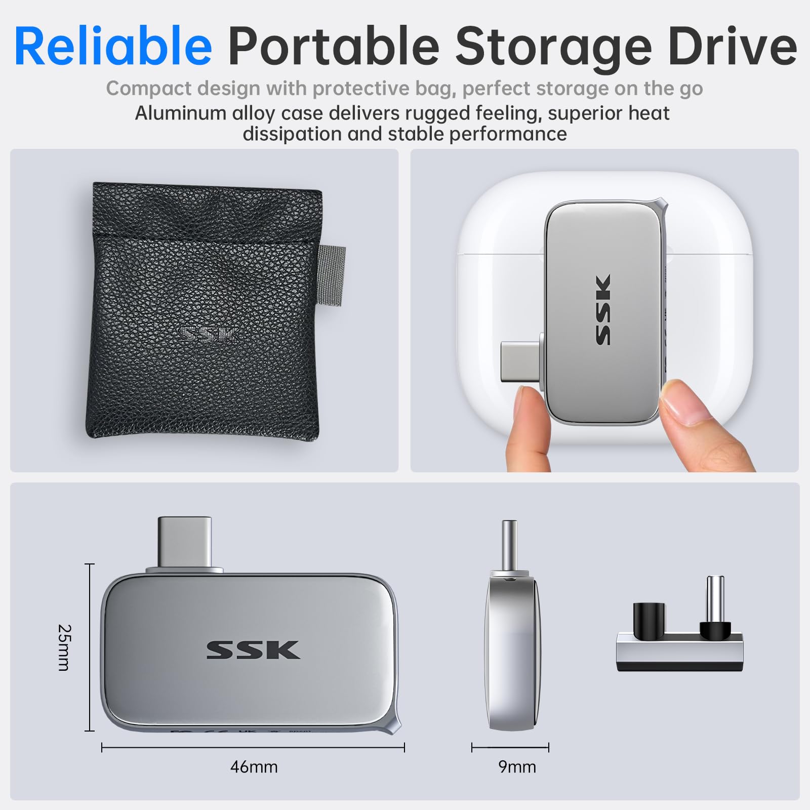 SSK - Disco SSD Extreme 512GB, USB 3.2 Gen 2 SSD portátil hasta 1050 MB/s | USB-C Portable NVMe SSD, 4K 120Hz ProRes, Resistencia al polvo y al agua IP65, con iPhone 15/16/17 serie, Mac,PC,Xbox
