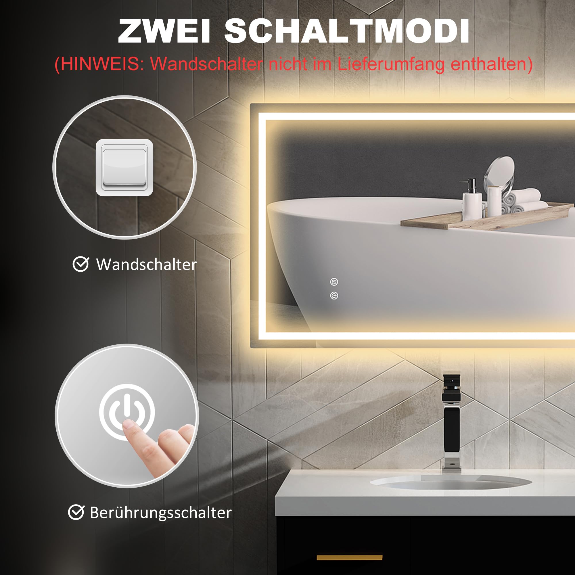HOMCOM Badspiegel mit Beleuchtung 100x60 cm LED Spiegel mit Vor- und Hinter Beleuchtung Wandspiegel mit Touchschalter Lichtspiegel Beschlagfrei mit 3 Lichtfarben Silber