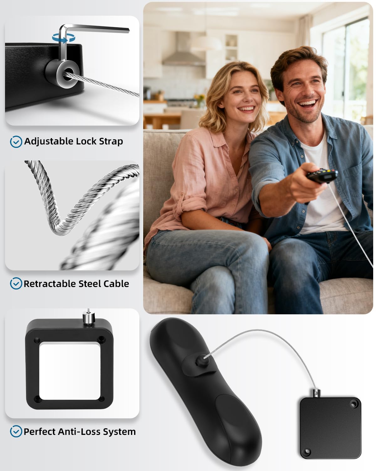 Correa de control remoto de 6.5 pies, cordón de seguridad retráctil para control remoto con correa de bloqueo ajustable para controles remotos de TV, controladores de juegos y tabletas, perfecto para