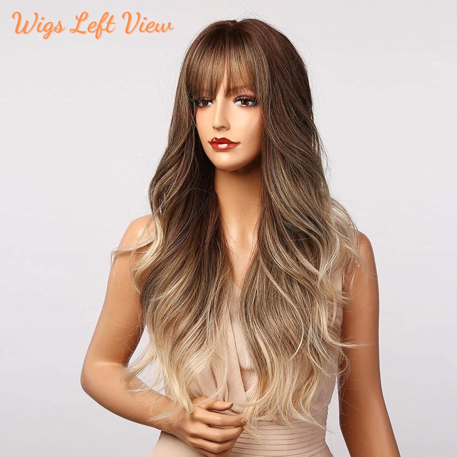 Honygebia Light Brown Wig with Bangs - Long Ombre Wavy Wigs for White Women, Ash White Synthetic Heat Resistant Hair, Natural Best Wigs for Halloween/Christmas/Cosplay/Party