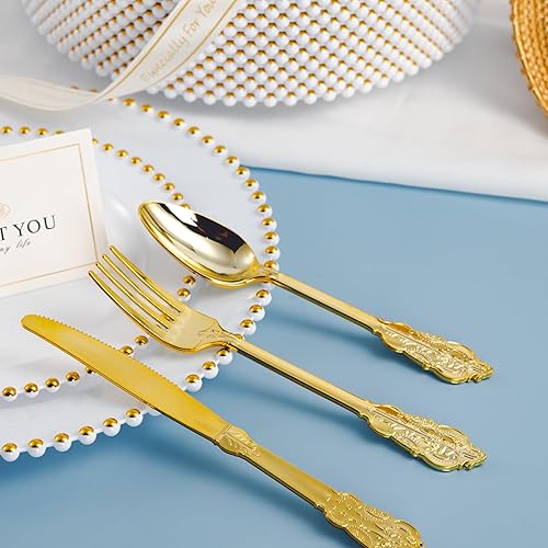 Miniatura 6 de Juego de 75 platos de fiesta desechables dorados y cubiertos de plástico de 10.25 pulgadas, platos de postre de 7.5 pulgadas, tenedores, cuchillos,