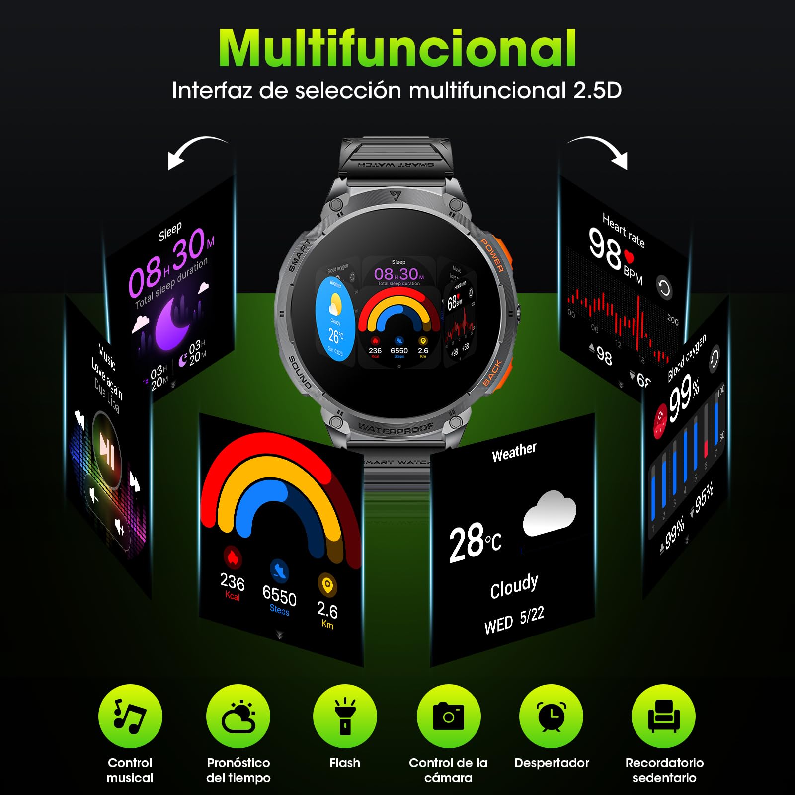 Smartwatch Militar para Hombres con Llamadas Bluetooth, 1,85" HD 730 mAh, IP68，Seguimiento de Fitness con Linterna LED,Frecuencia Cardíaca 24/7, Monitoreo de Sueño,Compatible Android e iOS