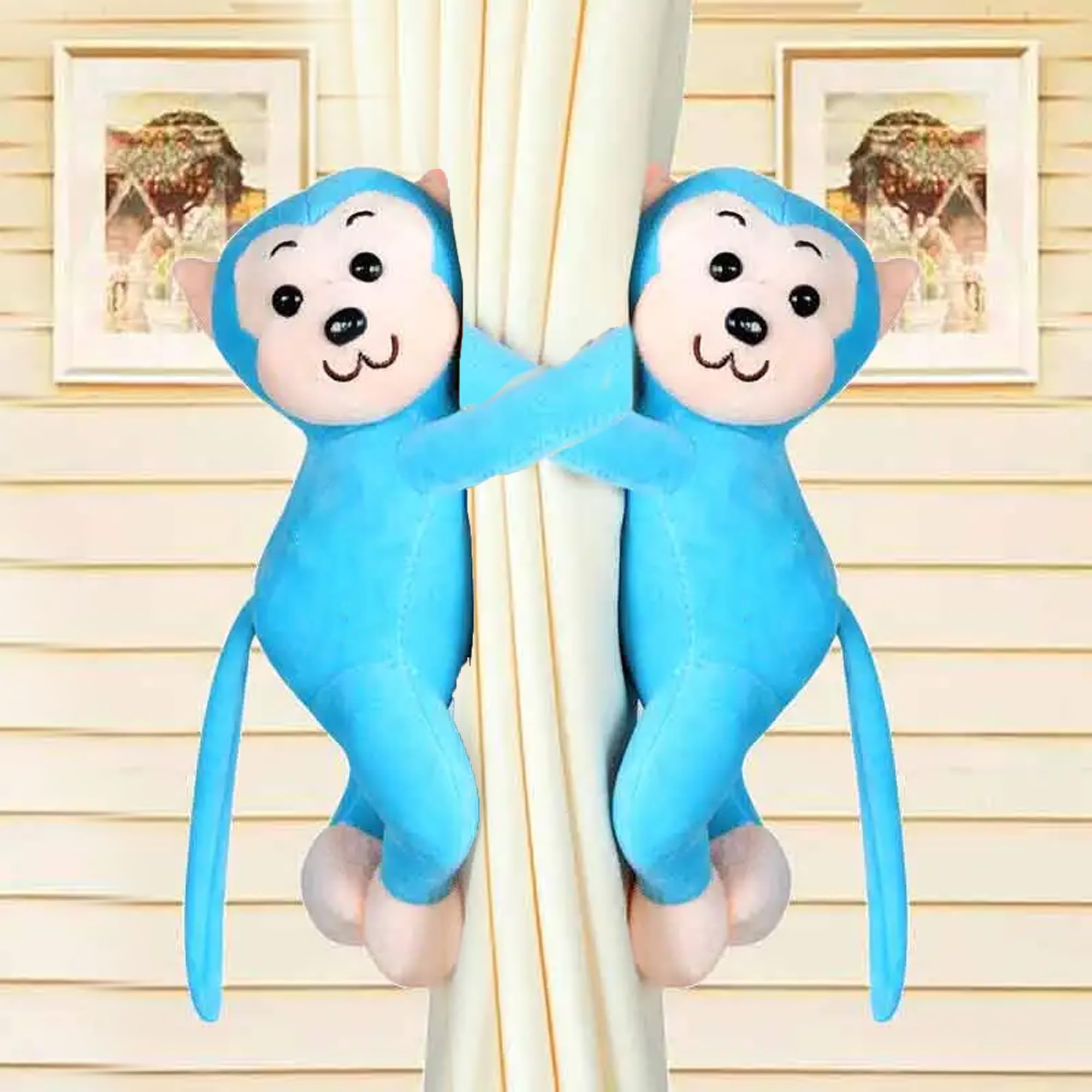 Coku 2 pcs Monkey Shape Curtain Tiebacks Soft Plush Toy Curtain Tiebacks Holder Clip for Kids,Curtain Holdebacks for Drapery,Curtain Tiebacks Holder for Window (Blue)