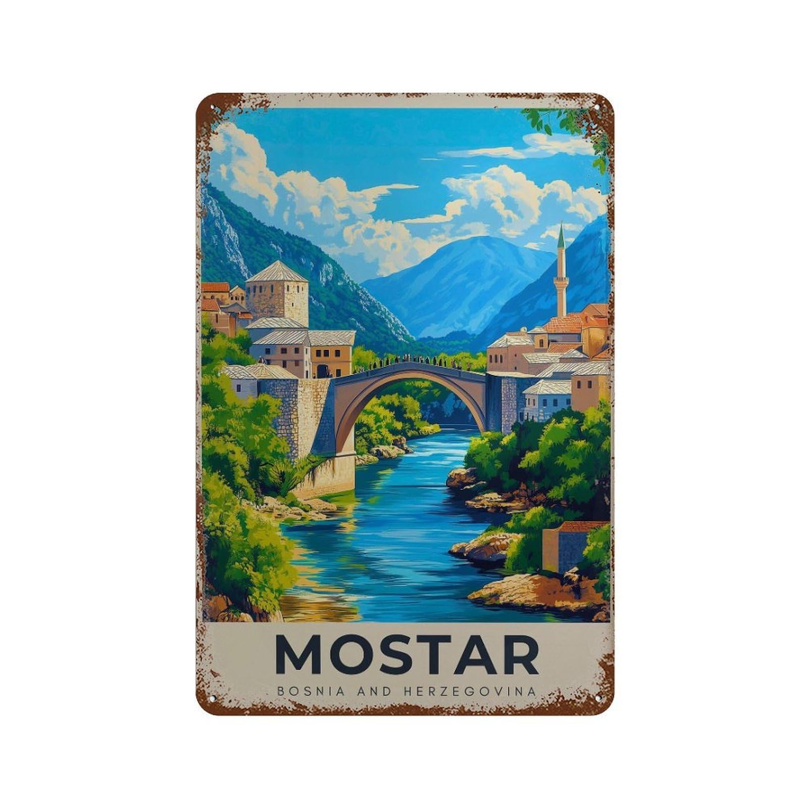 xiaoxiaoshen Mostar Bridge Travel Bosnia Herzegovina Wall Decor Art Metal Tin Poster Modern Home Decor Art Home Bar Shop Decorations Vintage Sign 30x20cm