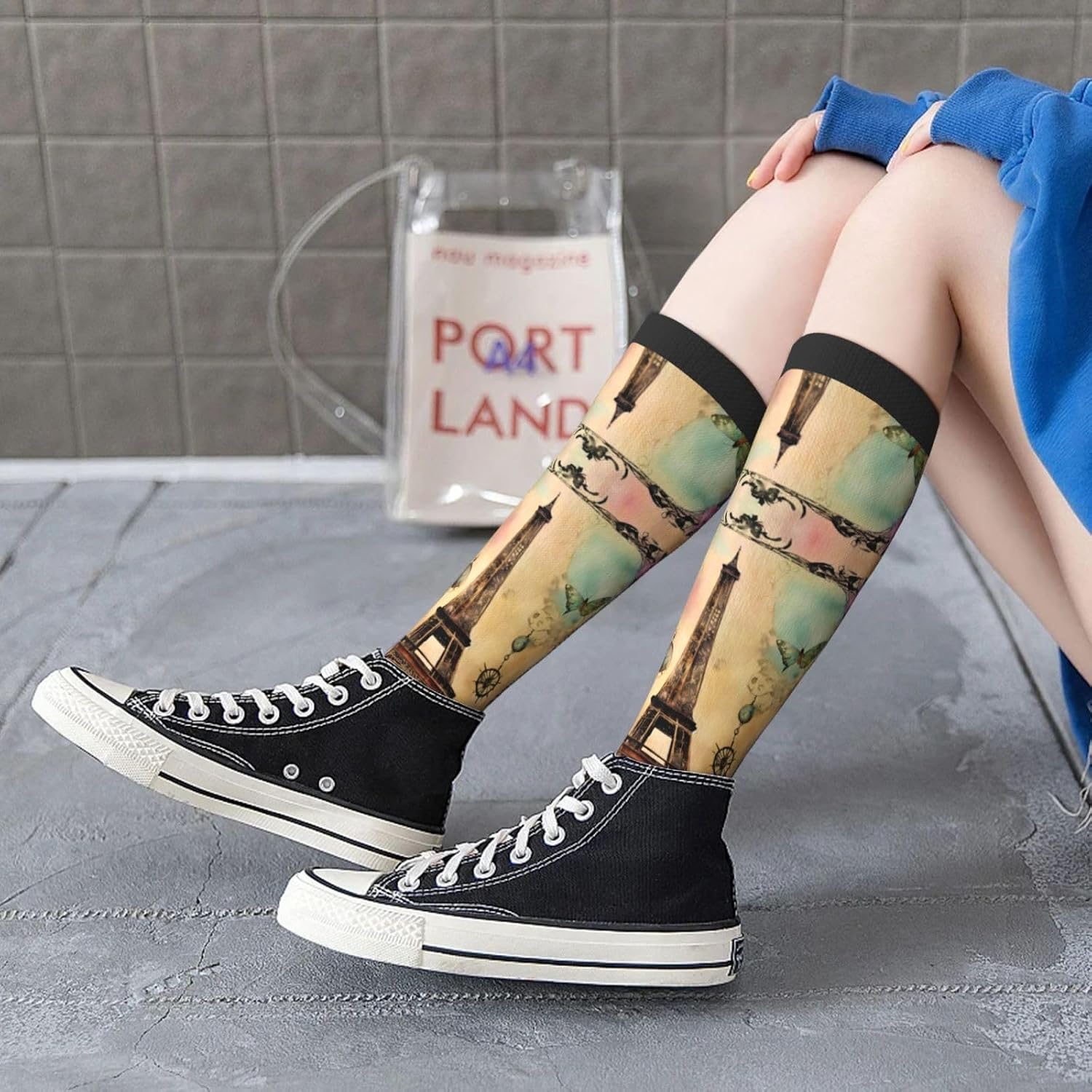 Paris Eiffel Tower Print Breathable Crew Neck Athletic High Socks,Suitable For Sports,Running,And Travel.