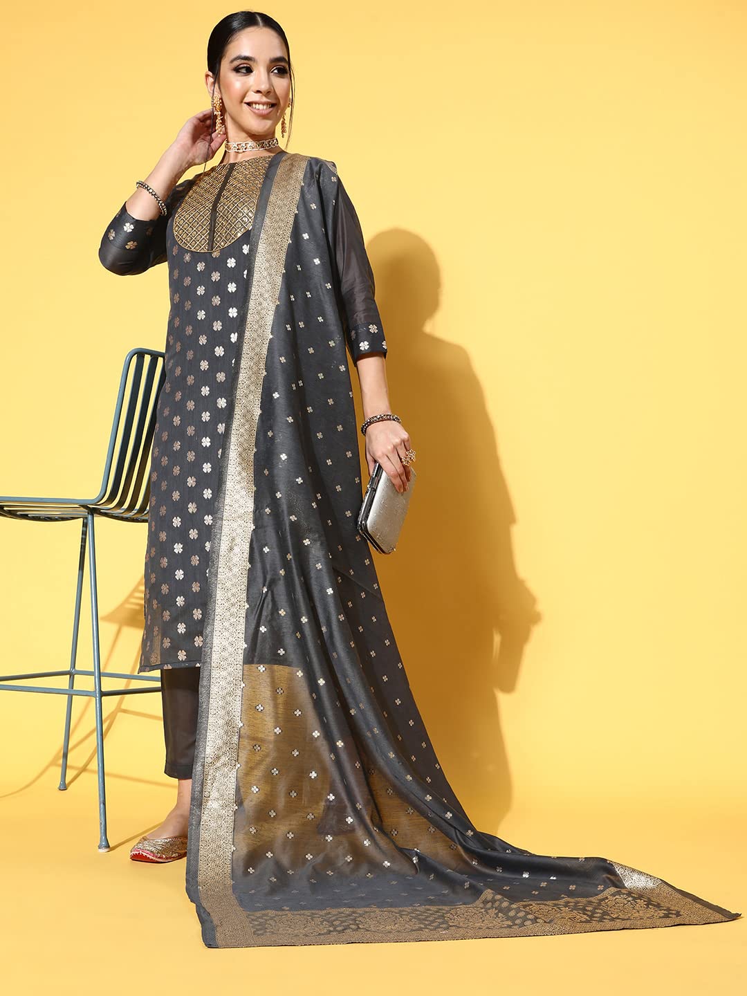 arriva fab Women's Sequin Work Chanderi Print Straight Fit Side Slit Kurta Set (AR7093-S) Grey 2
