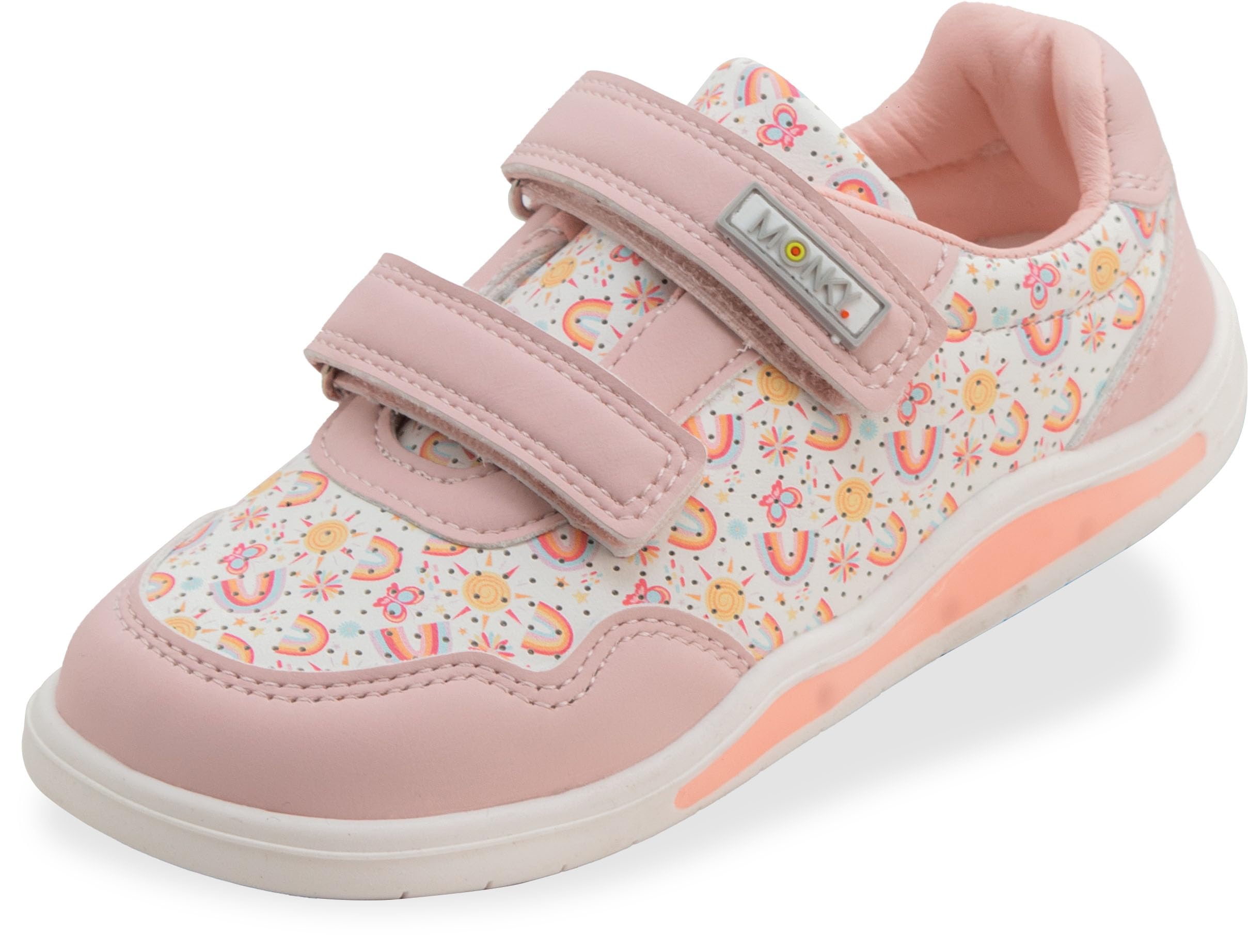 MONKY Zapatillas Barefoot Infantiles con Luces LED – Calzado Respetuoso Cero Drop, Puntera Ancha, Suela Flexible Antideslizante, Cierre Velcro, Piel Sintética, Tallas 25-30